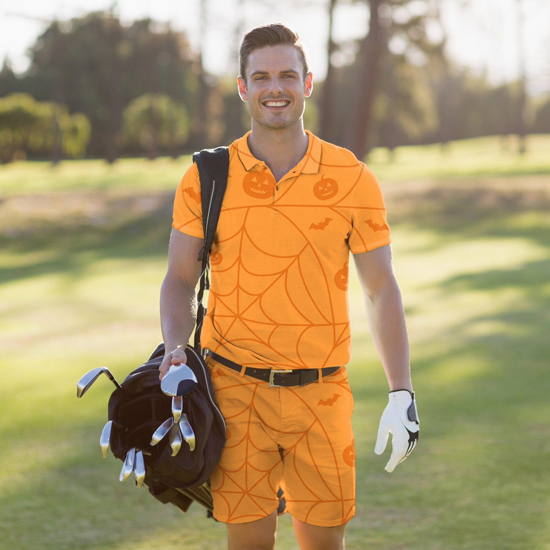 Men's Golf Set Polo+Shorts Halloween Spiderweb Pumpkin