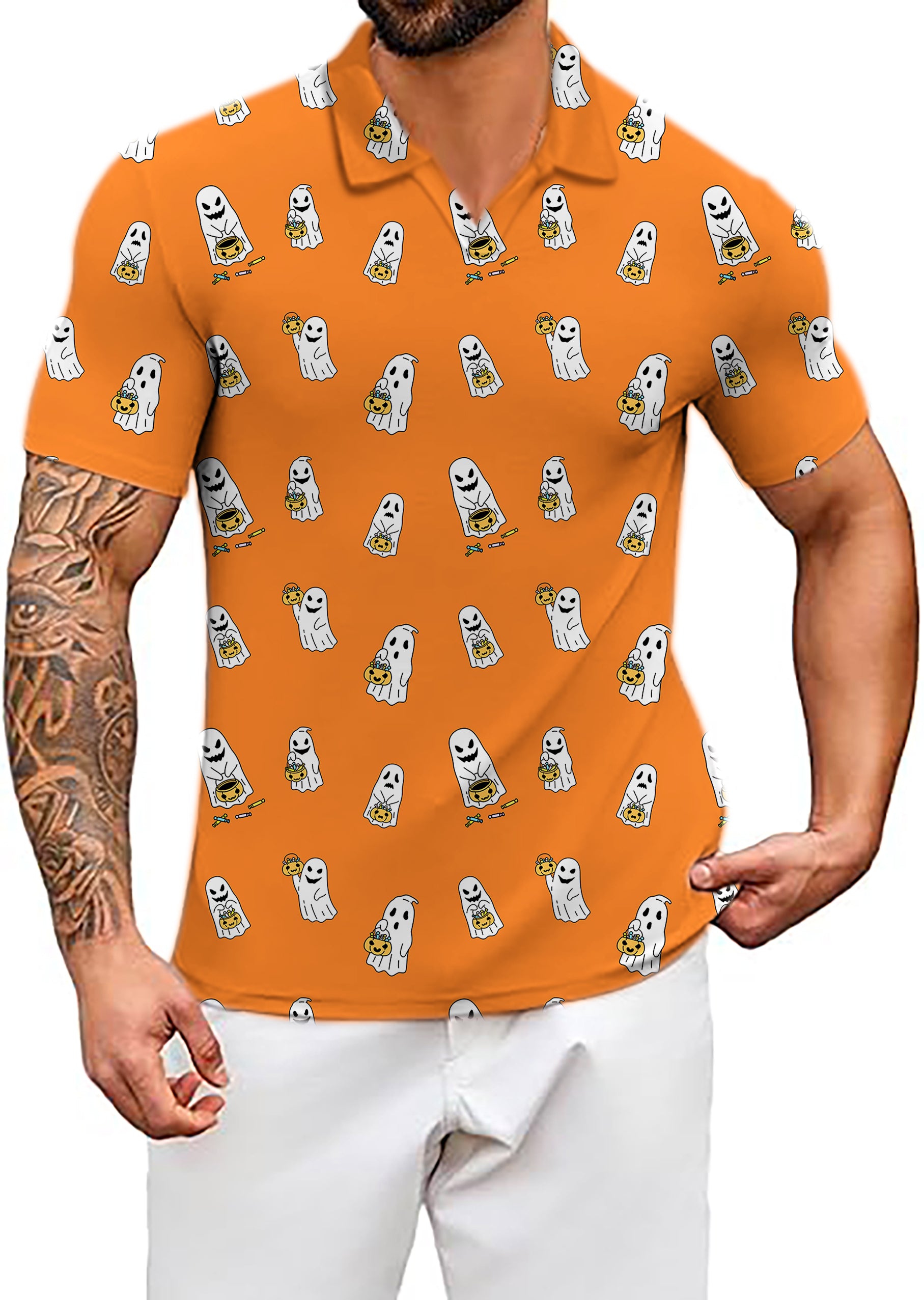 Men's Coconut Palm Halloween Ghost Pumpkin Basket Custom The Background Color V Neck Golf Polo Shirts