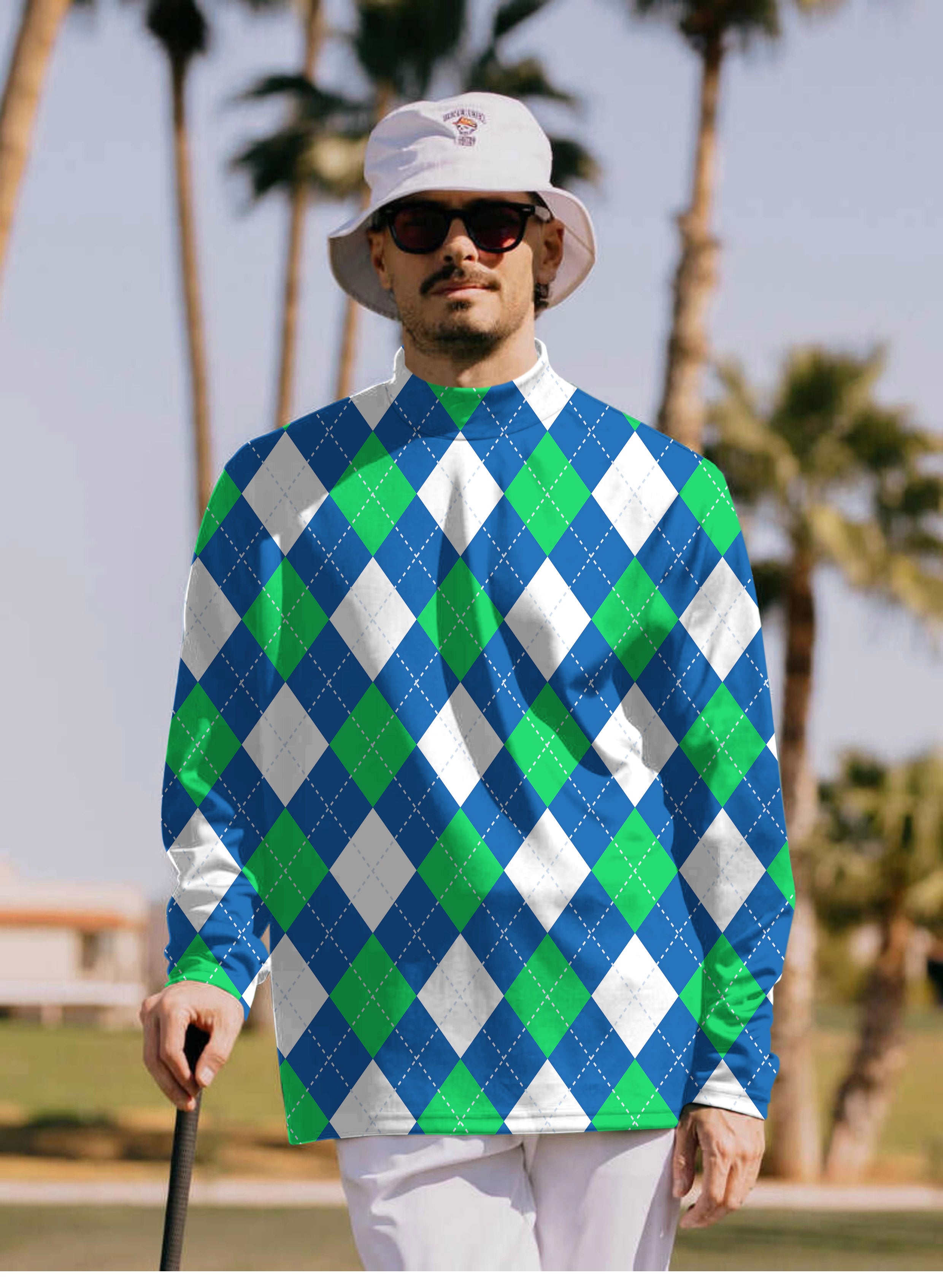 Men's Argyle green blue Pullover High neck Long/Short sleeve T-Shirt