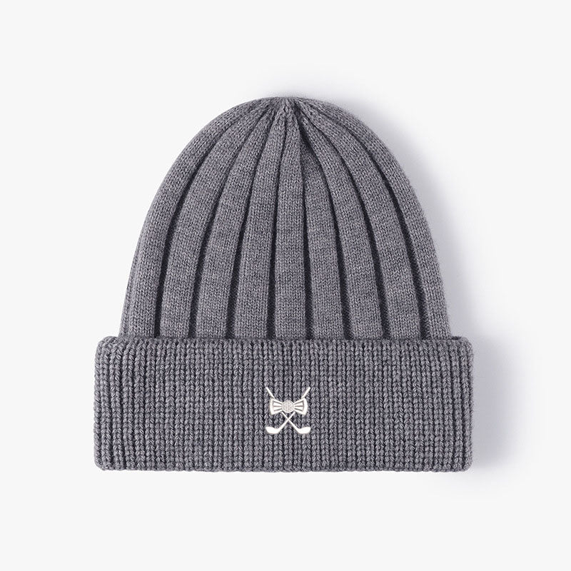 Custom embroidered grey knitted winter hat with ribbed design and golf-themed logo