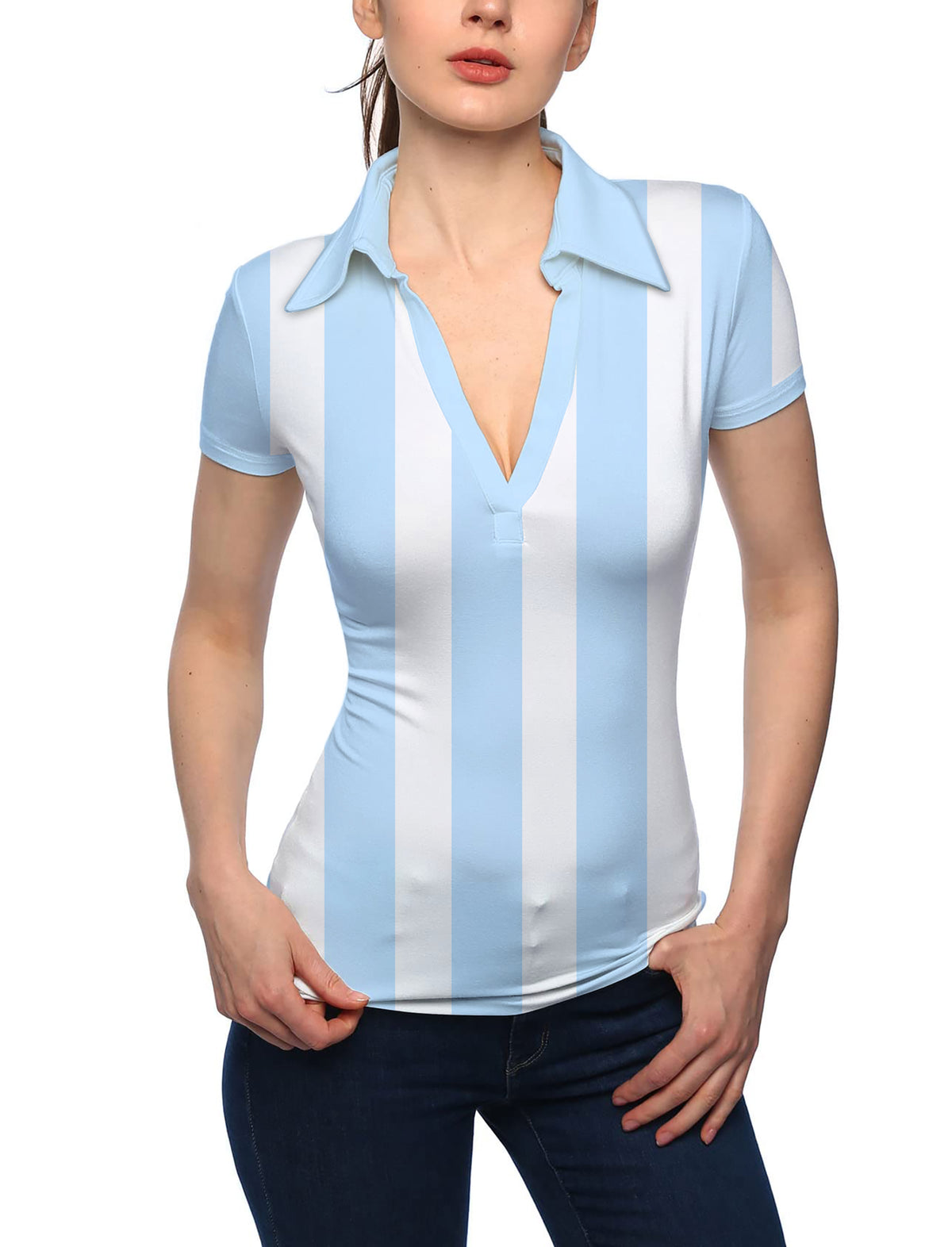 Women's Blue and white vertical stripes V Neck Golf Polo