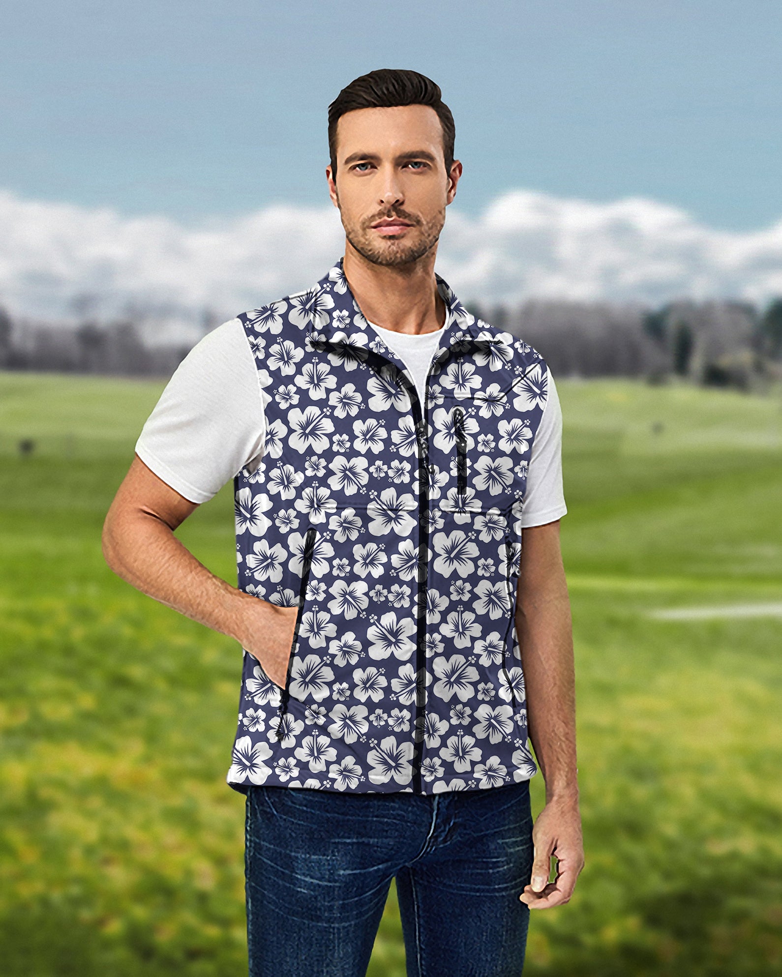 Men's Summer Daisy Lightweight Softshell Vest Sleeveless Jacket for Golf Windproof Waterproof