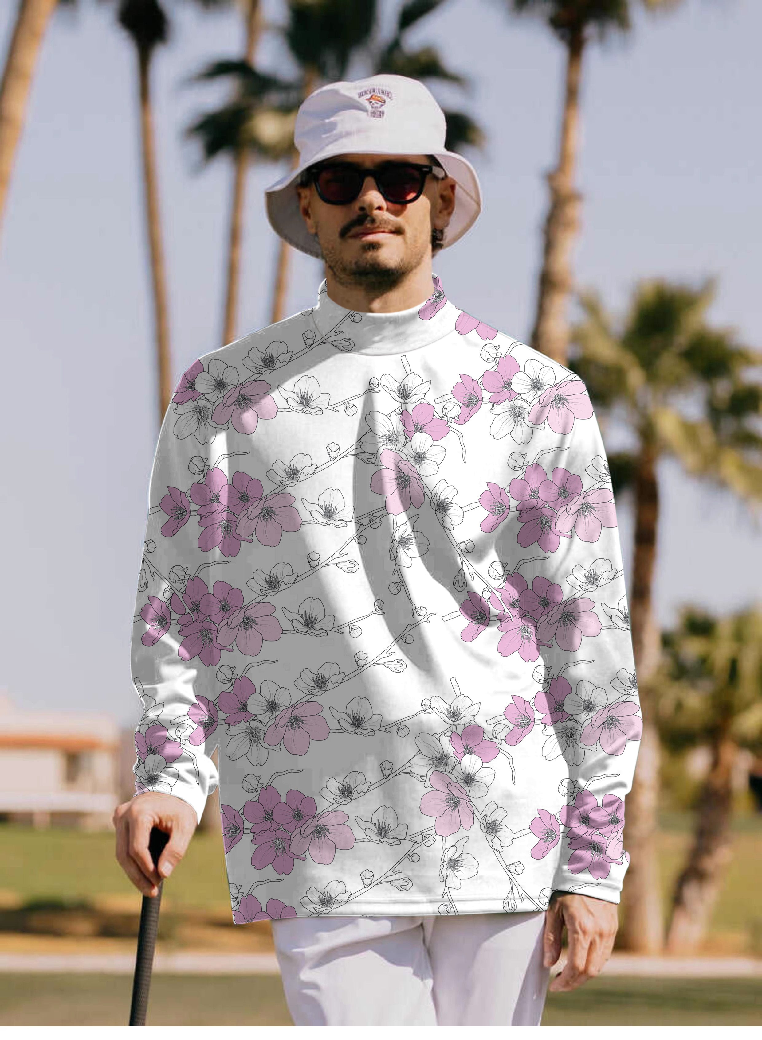 Men's White Cherry Blossom Pullover High neck Long/Short sleeve T-Shirt