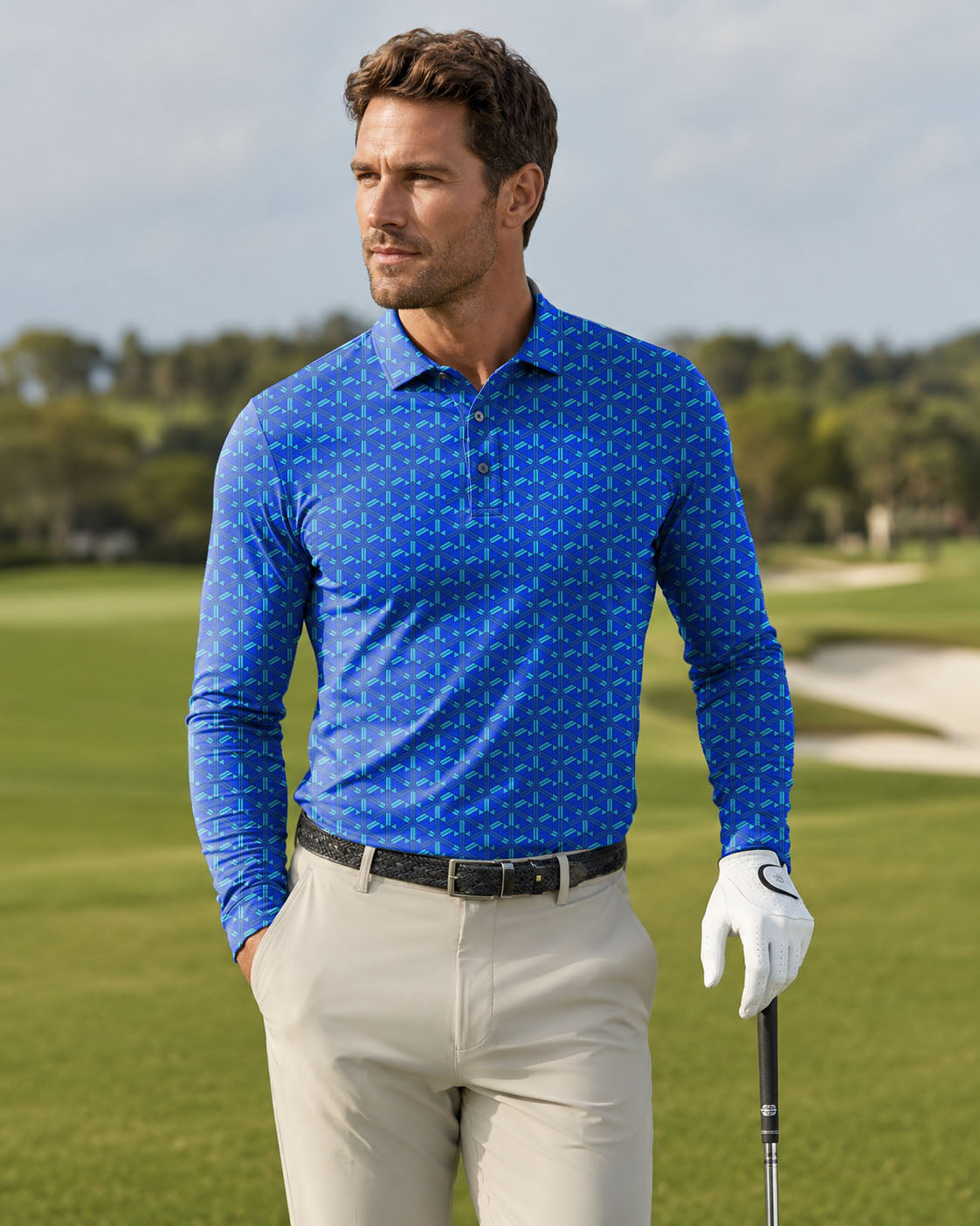 Men's Blue geometric golf Long-sleeved Polo