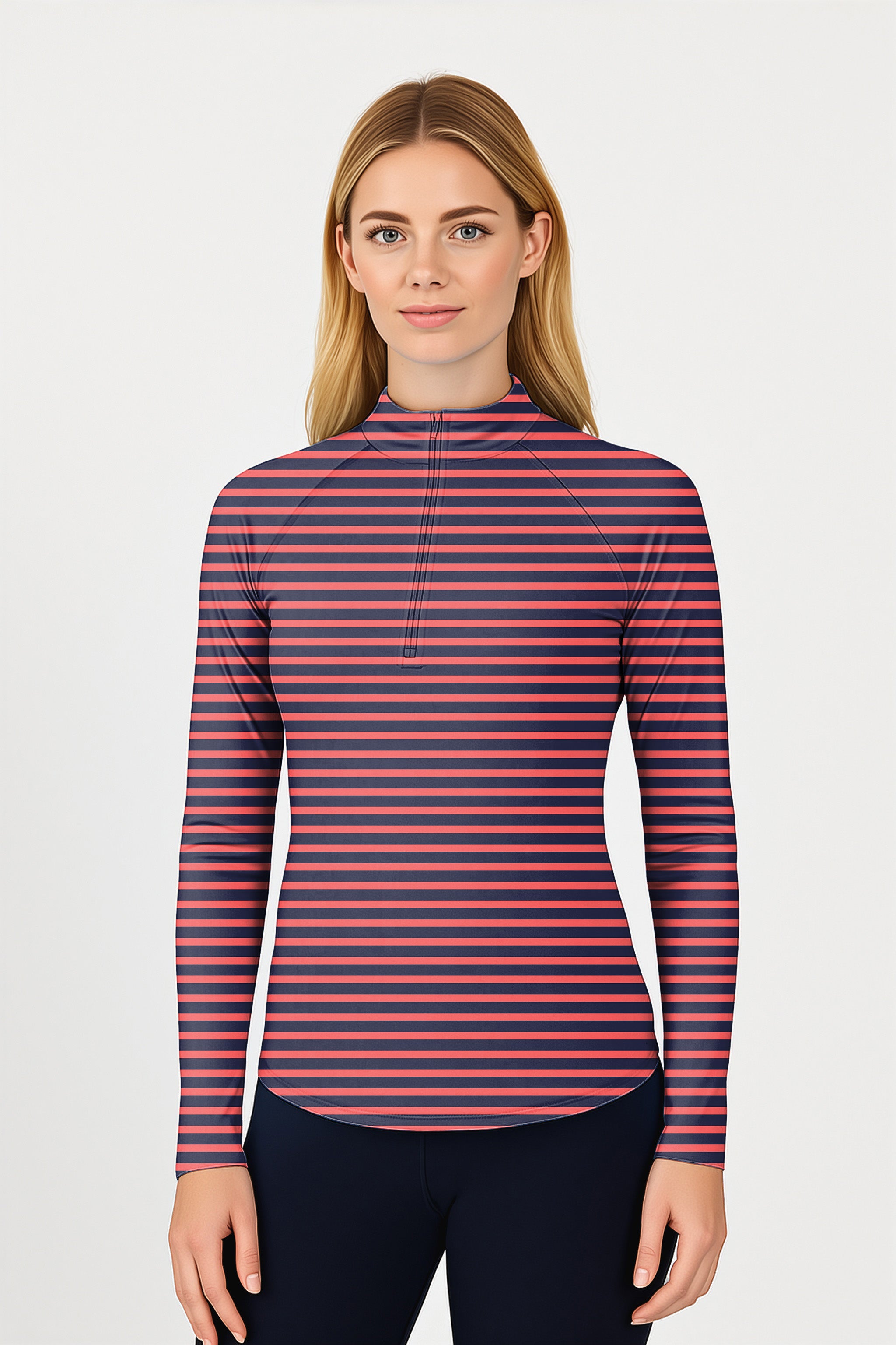 Navy Red Stripes  Women's Golf Active 3/4 Zip Top