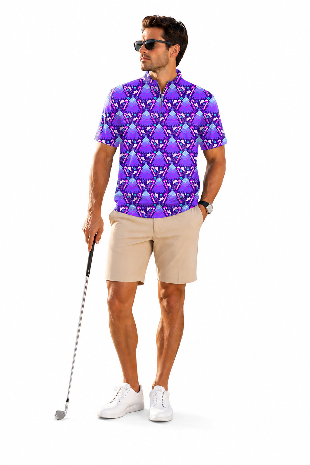 Men's Short Sleeve Quarter Zip Golf Pullover Magical Christmas Tree