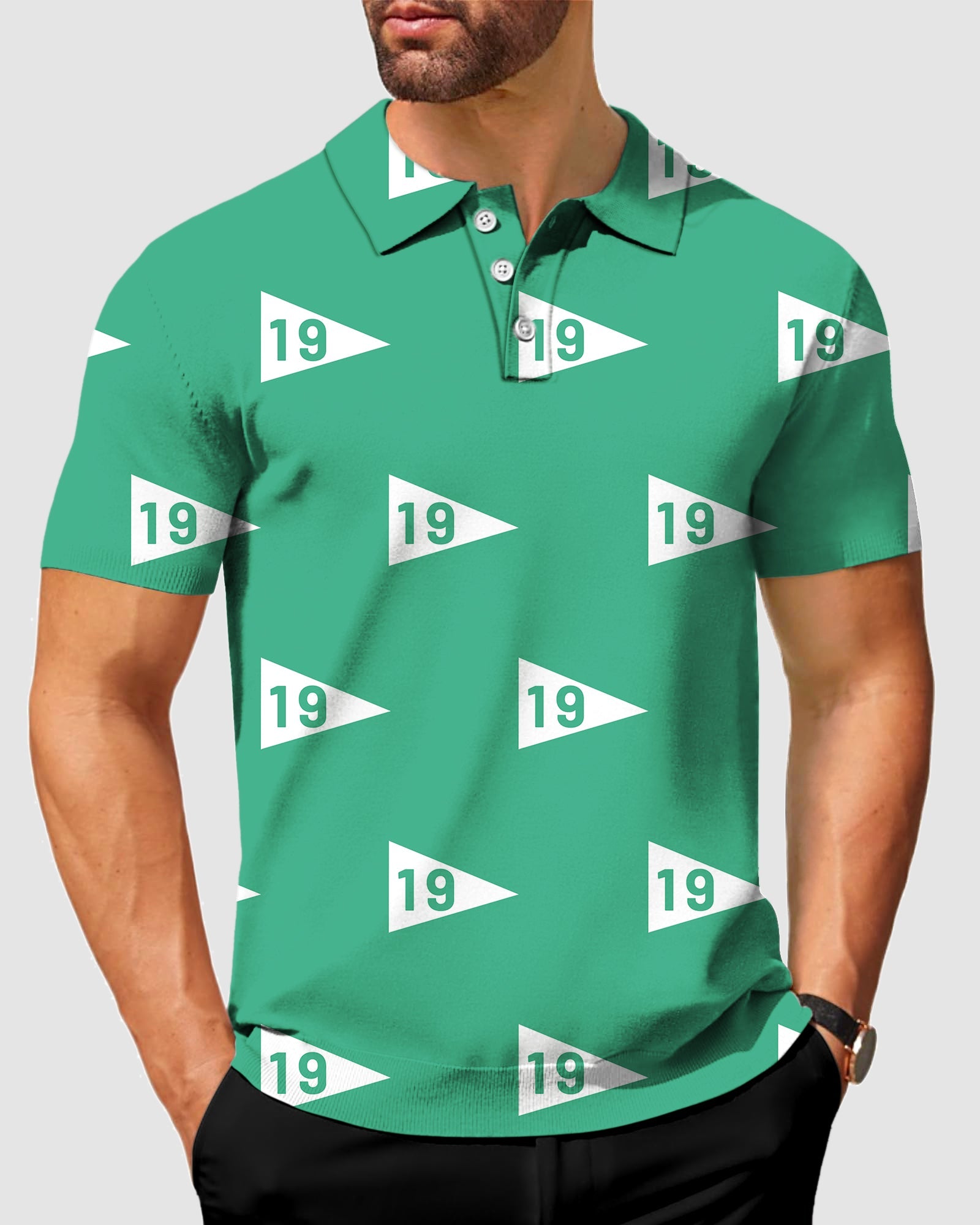 Men's 19th hole-38 Polo in green with white golf flag pattern, moisture-wicking, wrinkle-resistant, UPF 40+ protection, four-way stretch, classic fit, customizable design