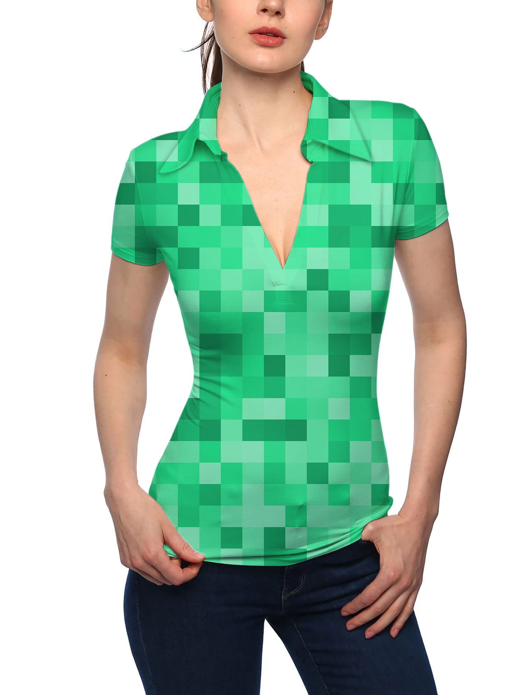 Women's Green Pixel Big V Neck Golf Polo
