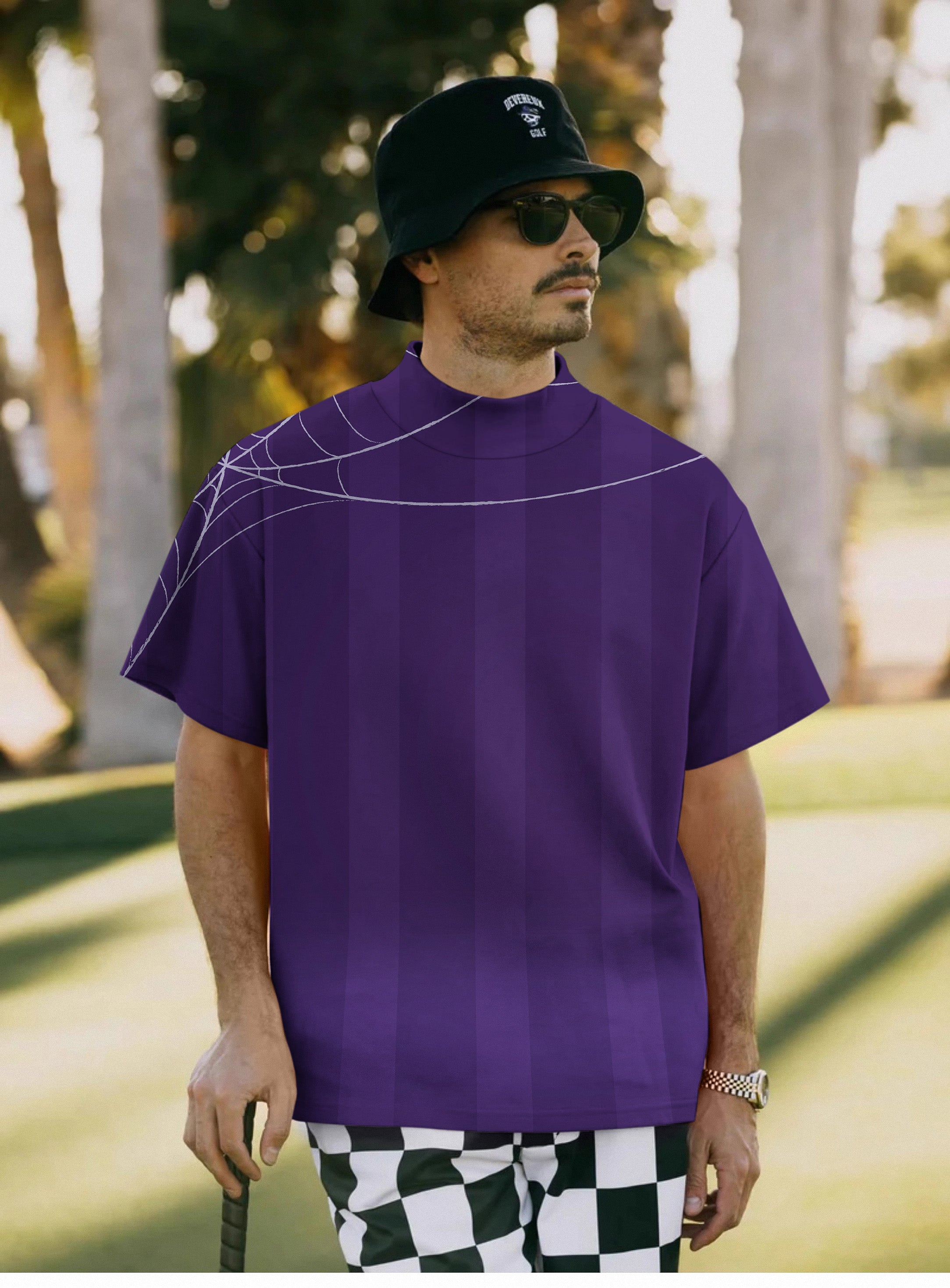 Men's Halloween purple spiderweb Mock Neck Long/Short Sleeve Golf Tops