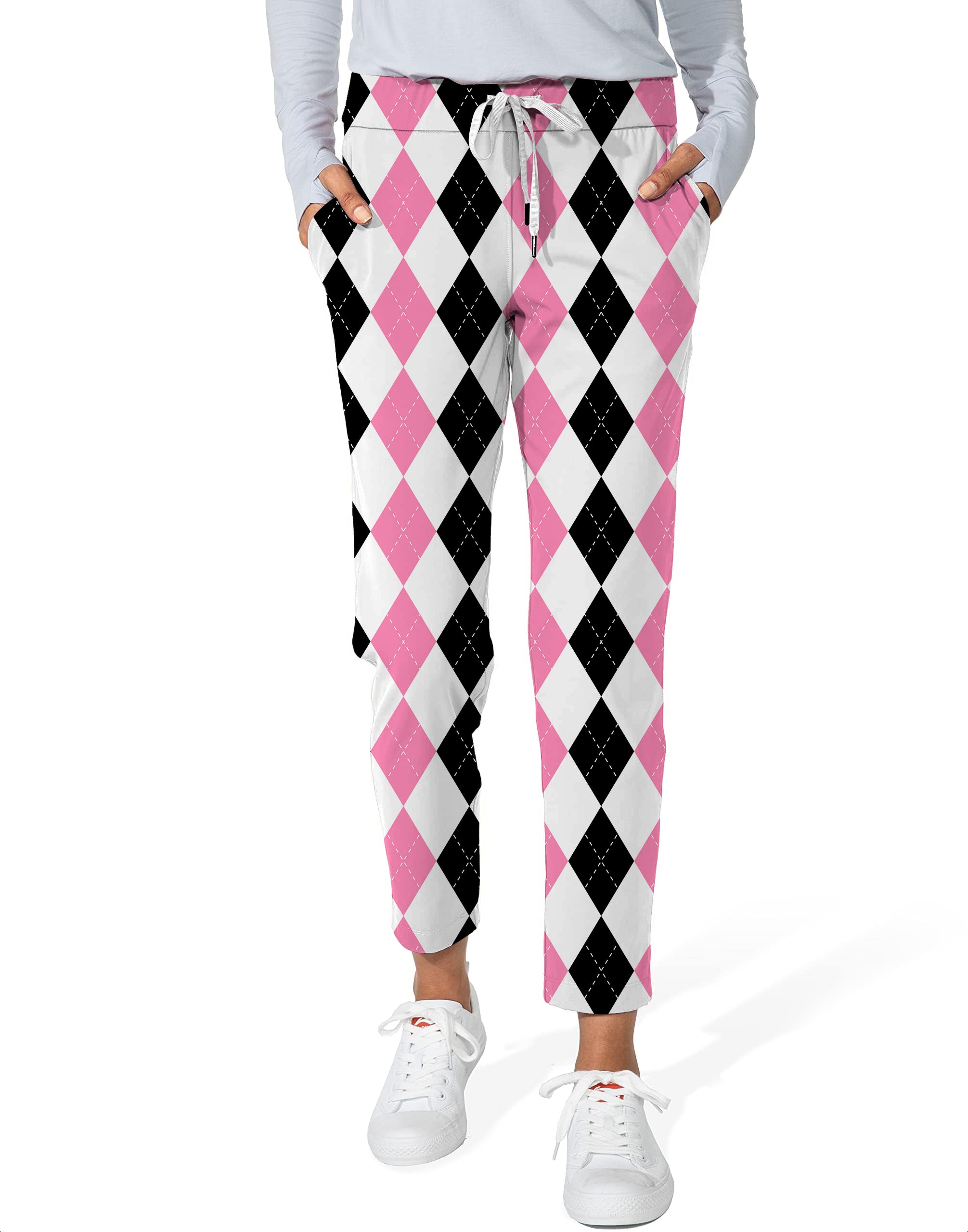 pink black argyle-Women's 7/8 Stretch Ankle Golf Pants
