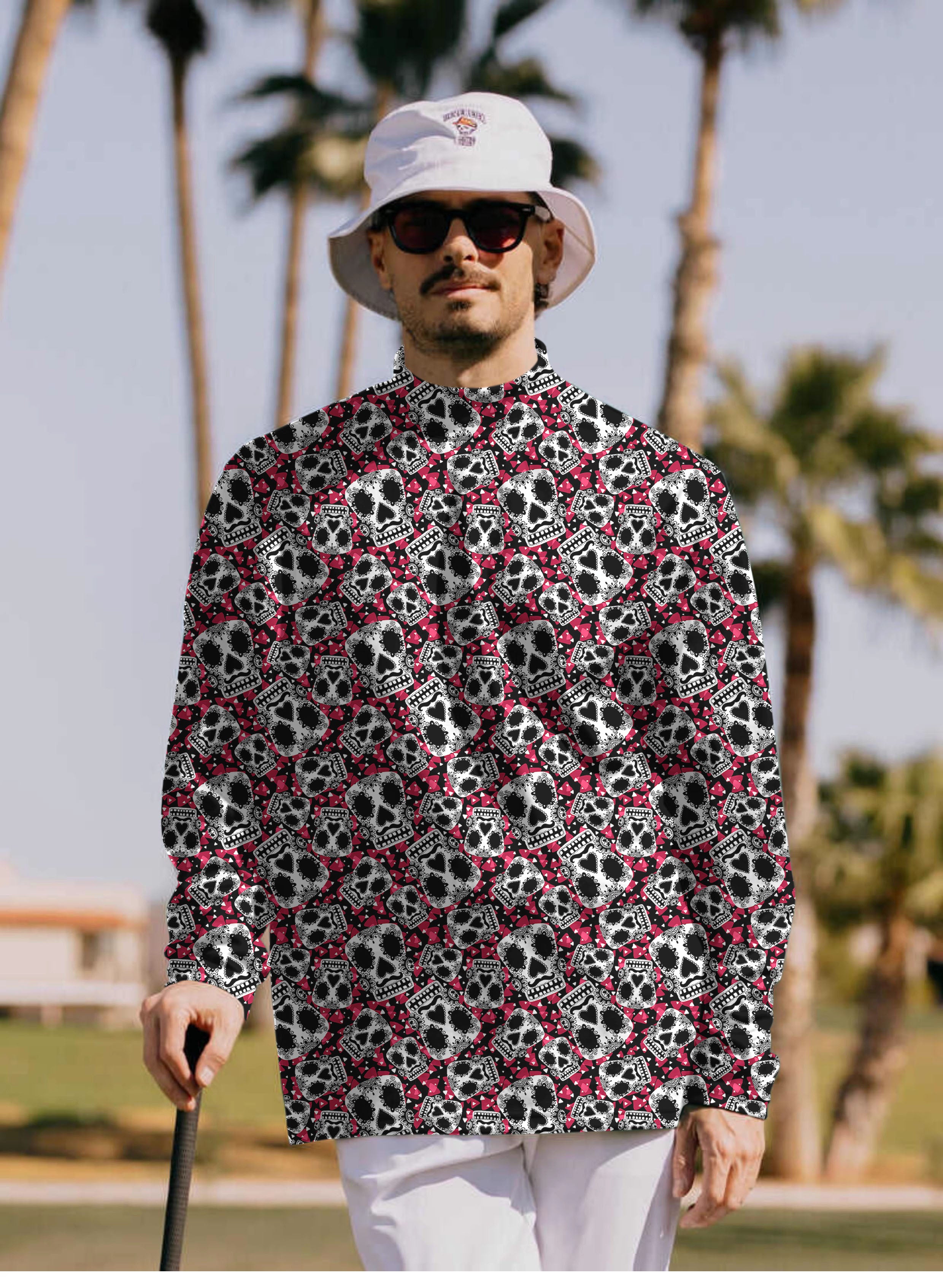 Men's Sugar Skull Pattern Mock Neck Long/Short Sleeve Golf Tops