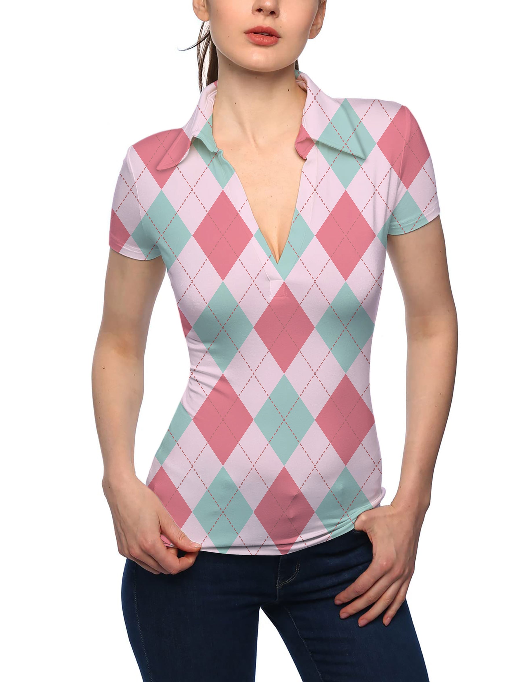 Women's pink Argyle V Neck Golf Polo