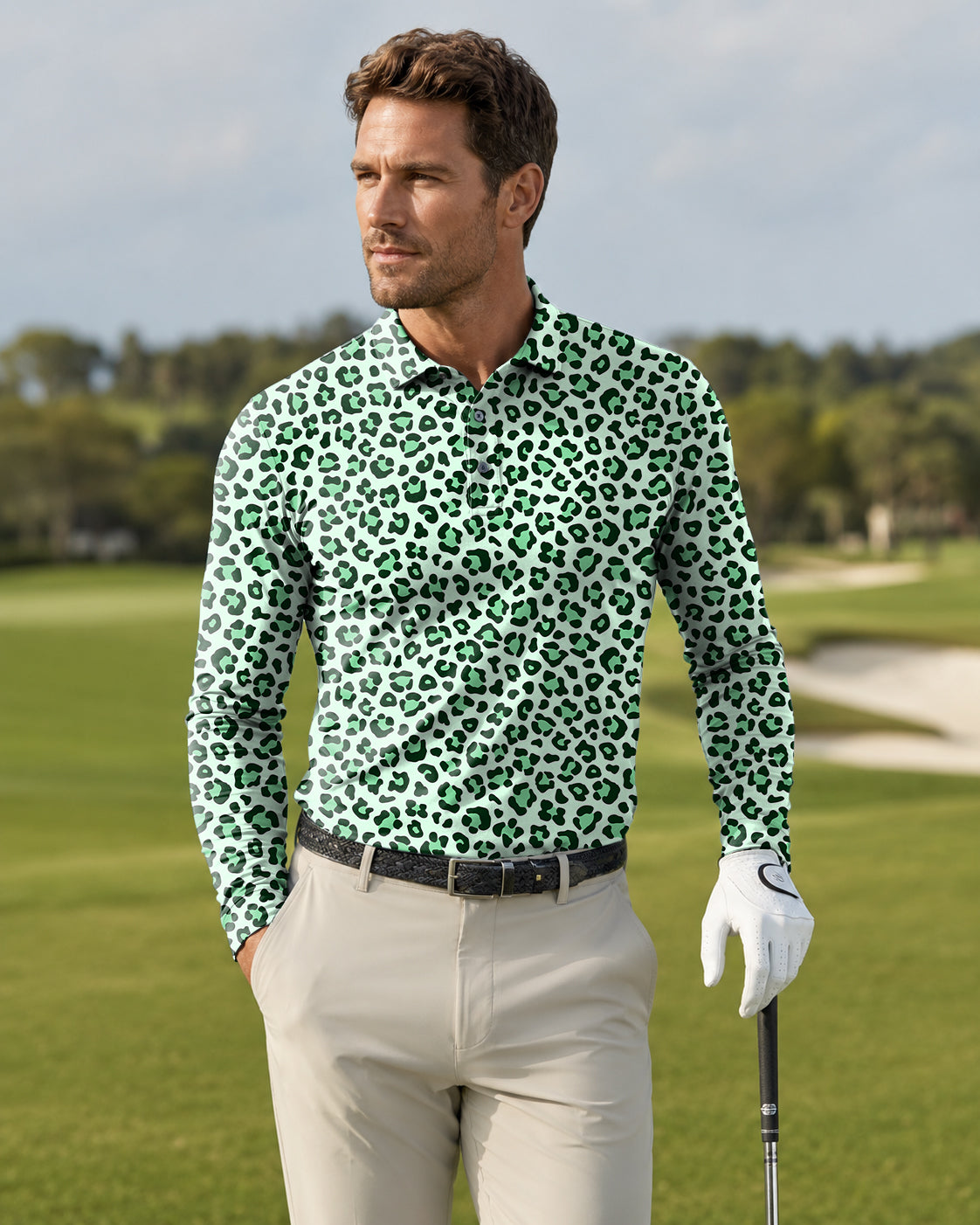 Men's Green leopard print Long-sleeved Polo