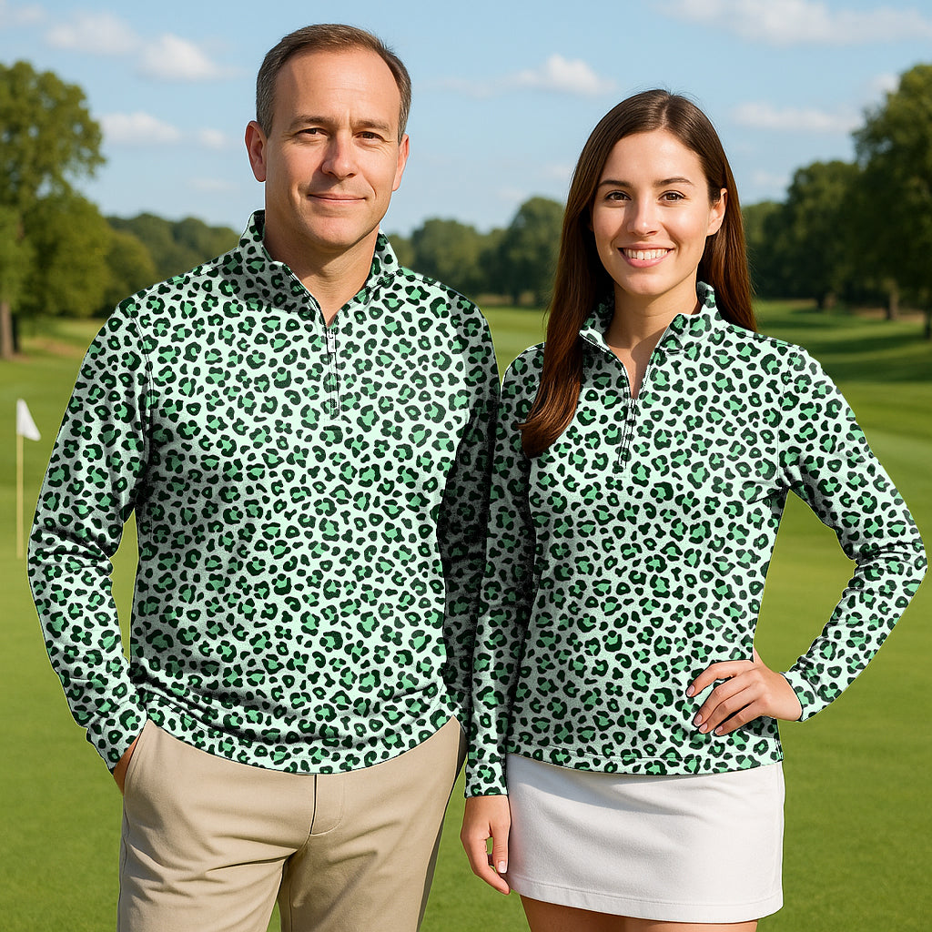Green leopard print Couple Golf Active 3/4 Zipper Top Long Sleeves