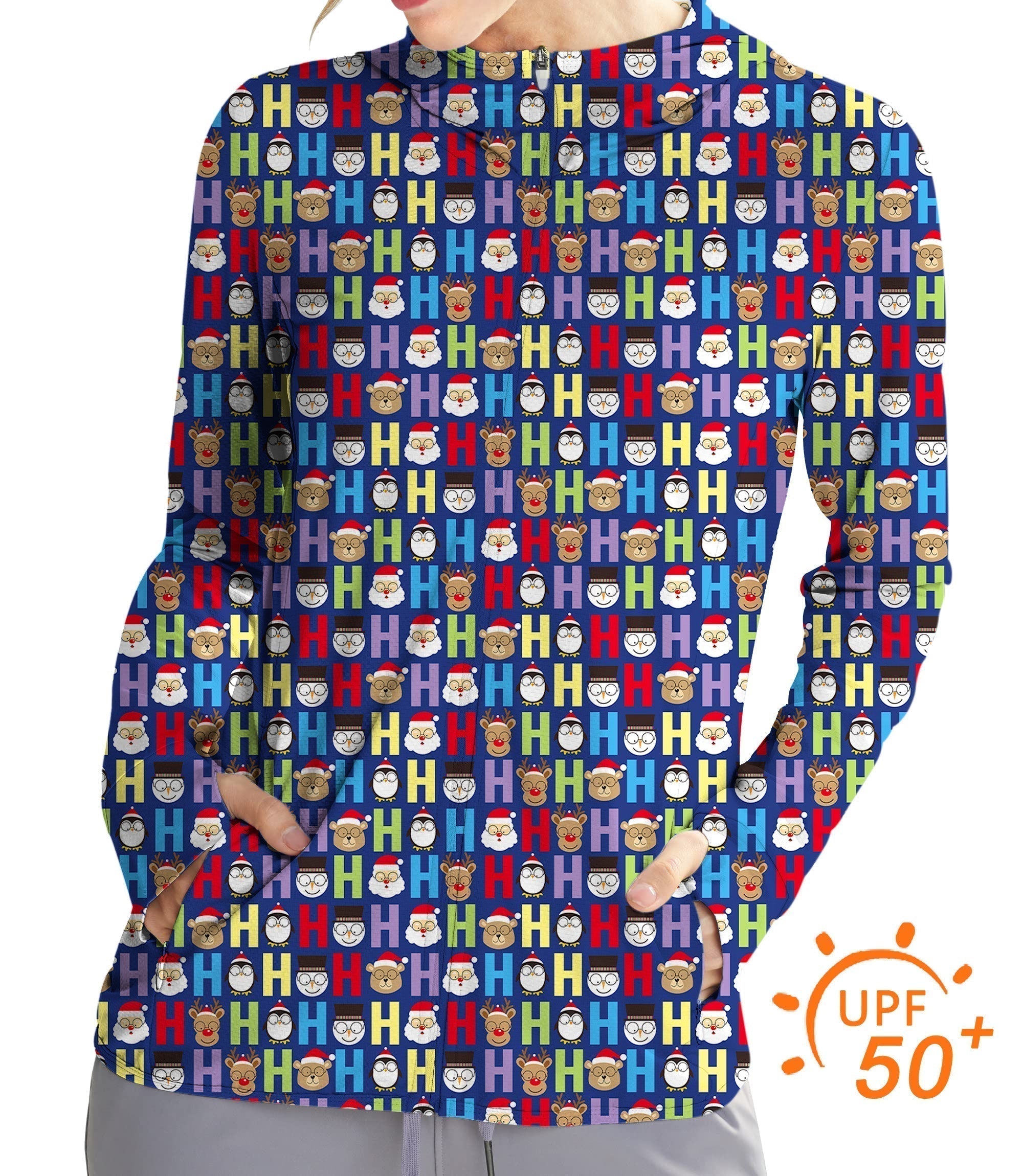 Women's outdoor slim fit zip hoodie with cartoon Christmas elk pattern and UPF 50+ sun protection