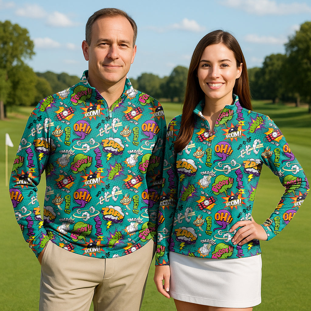 Couple wearing Green boom Couple Golf active 3/4 zip tops with vibrant comic print on golf course