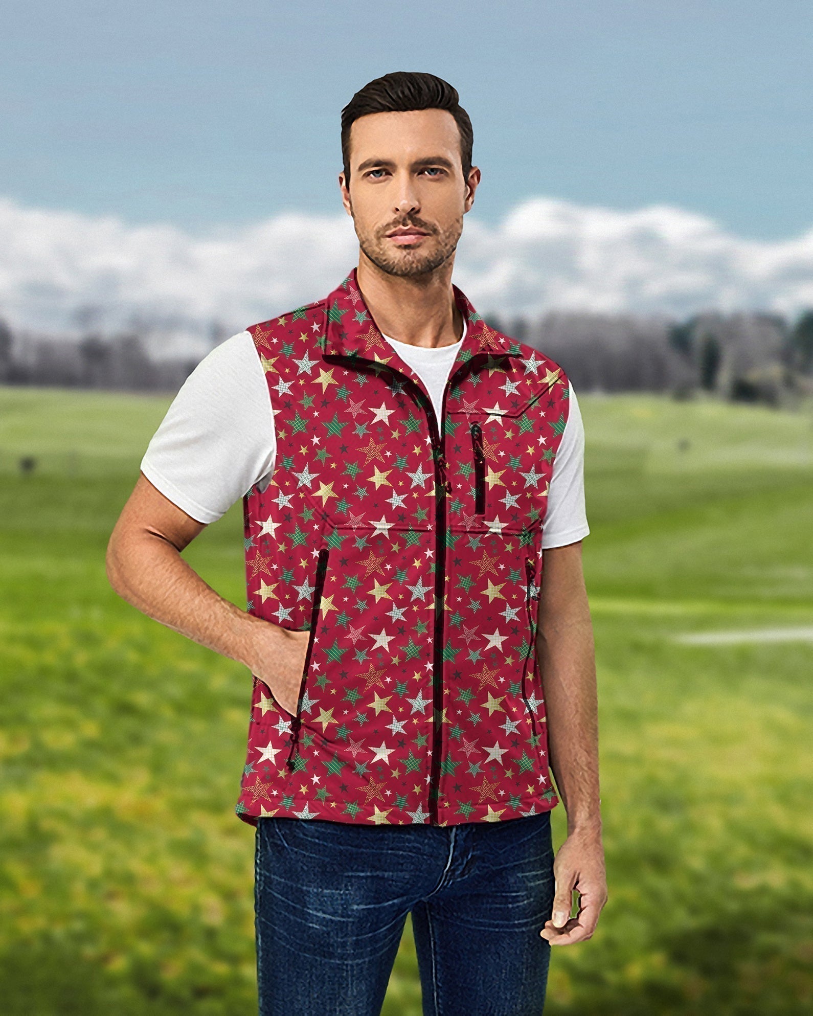 Men's colorful stars Christmas sleeveless lightweight softshell vest for golf, windproof and waterproof
