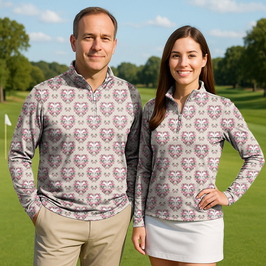 Halloween Skull Rose Couple Golf Active 3/4 Zipper Top Long Sleeves