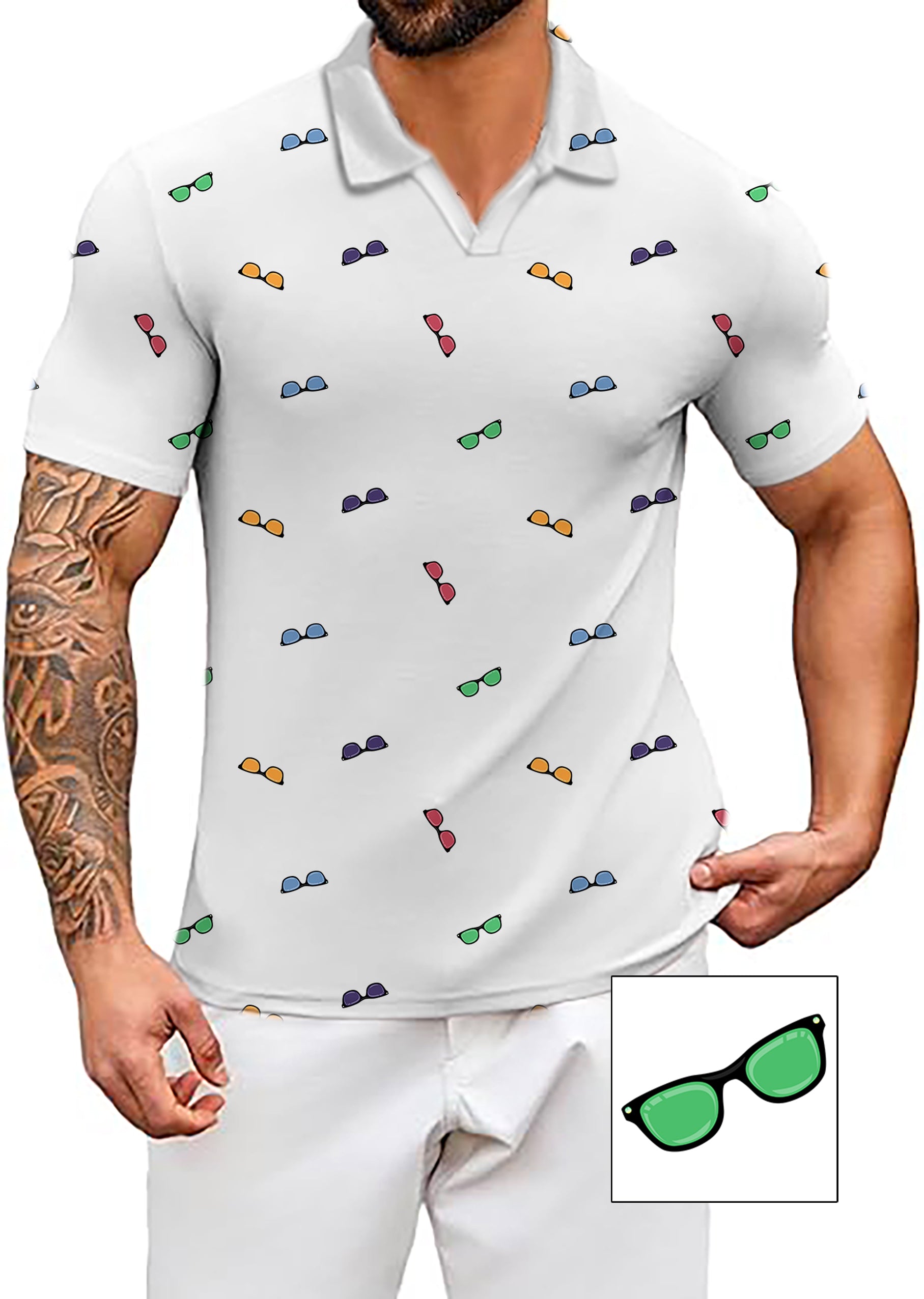 Men's Coconut Palm Colorful Sunglass Custom The Background Color V Neck Golf Polo Shirts