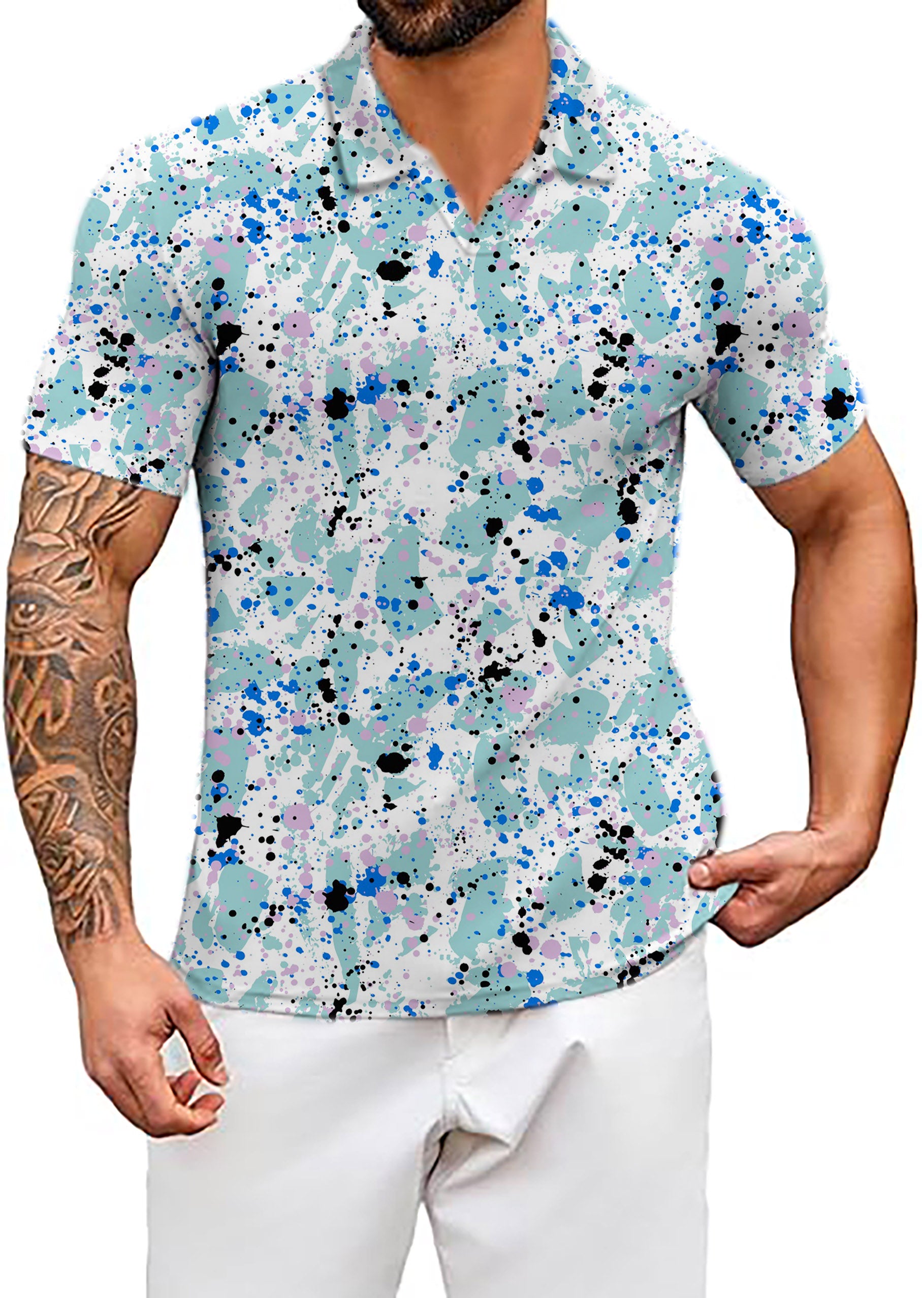 Men's Paint Splatter V Neck Golf Polo Shirts