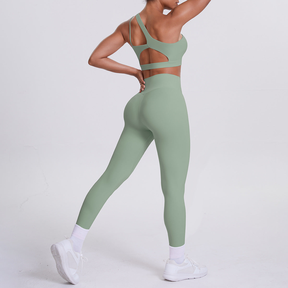 Women's One Shoulder Cutout Back Yoga Set - High Waist Scrunch Butt Leggings Sports Bra Workout Set