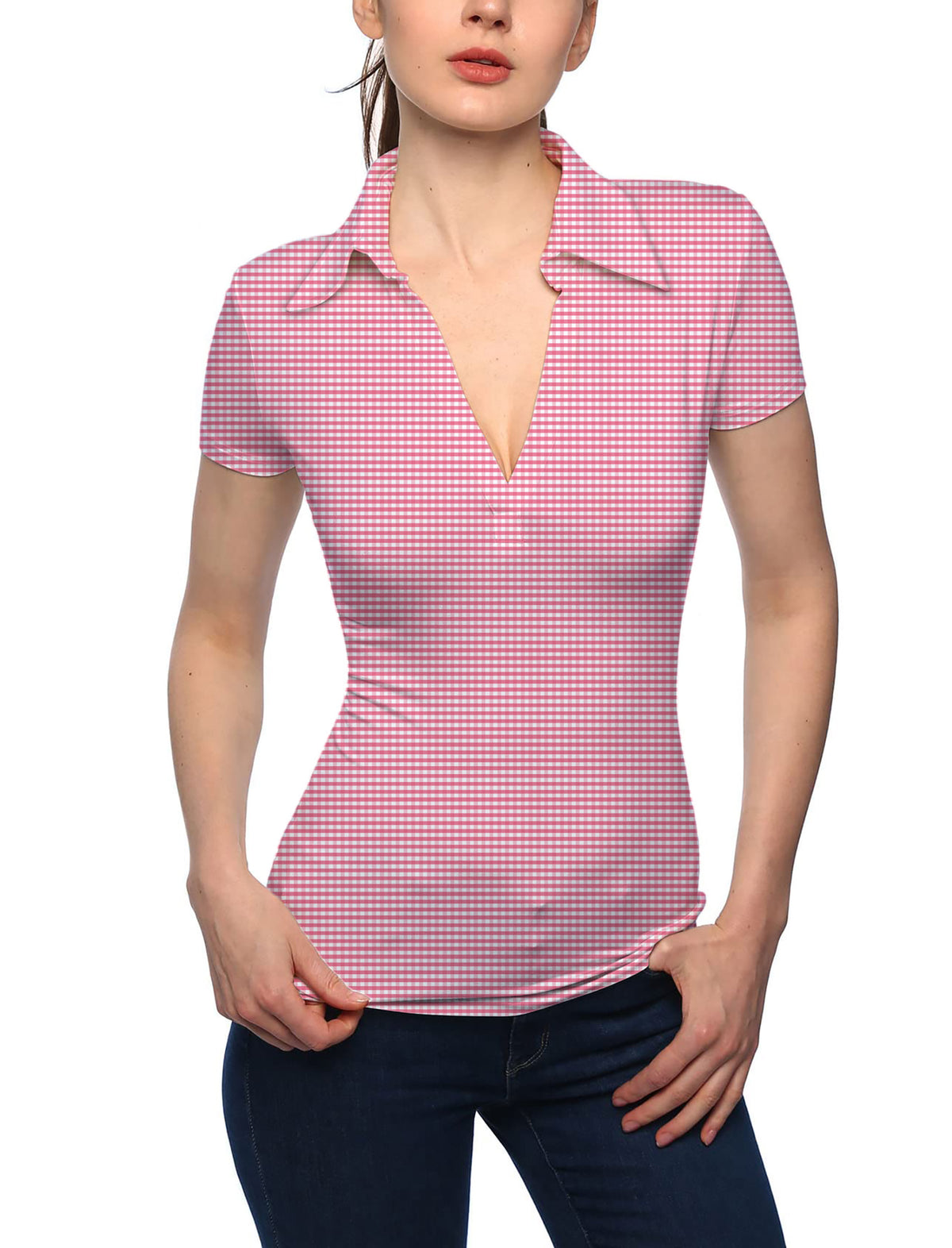 Women's Pink striped and checkered squares V Neck Golf Polo