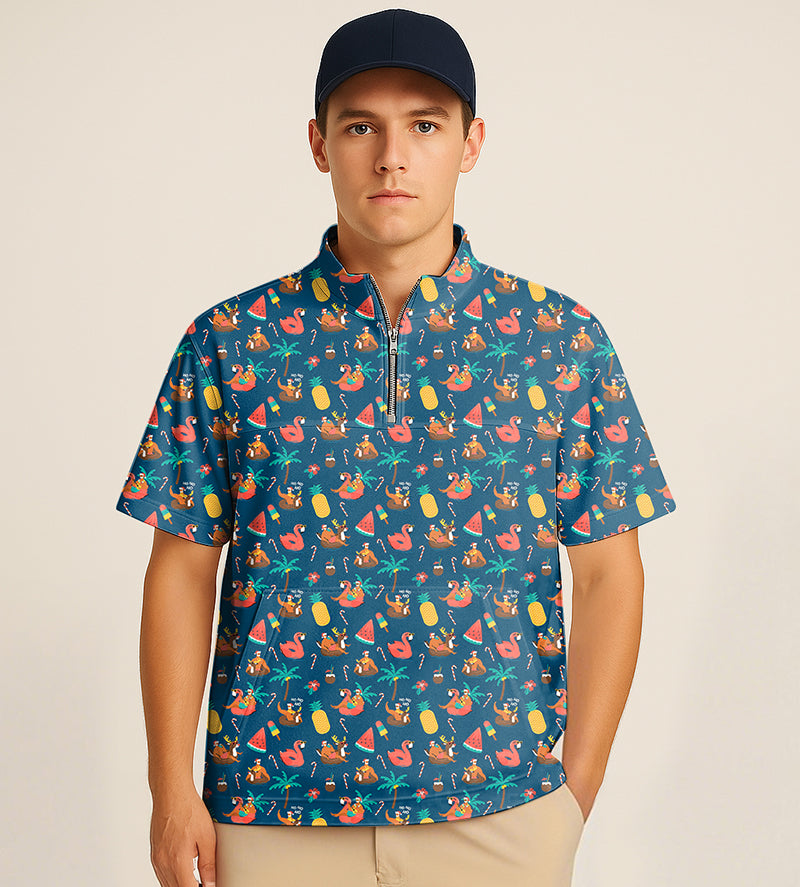Male model wearing a colorful half zipper turtleneck golf short shirt with Christmas HO embroidery and tropical print