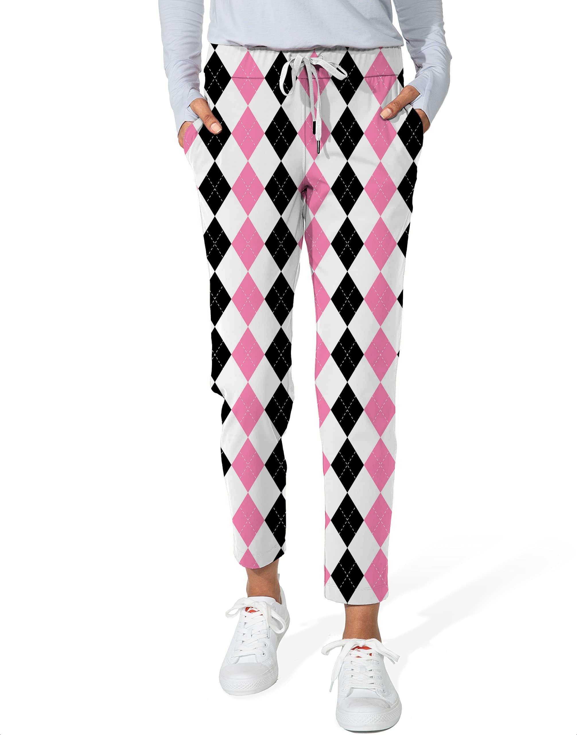 pink black argyle-Women's 7/8 Stretch Ankle Golf Pants