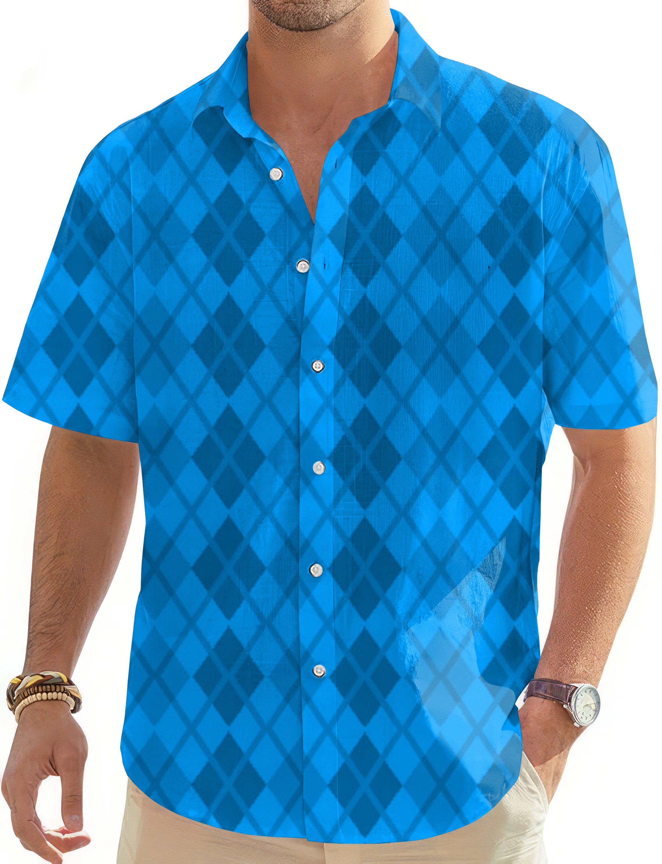 Argyle Blue grid-Men's Golf Hawaiian Shirts Button Down Shirt