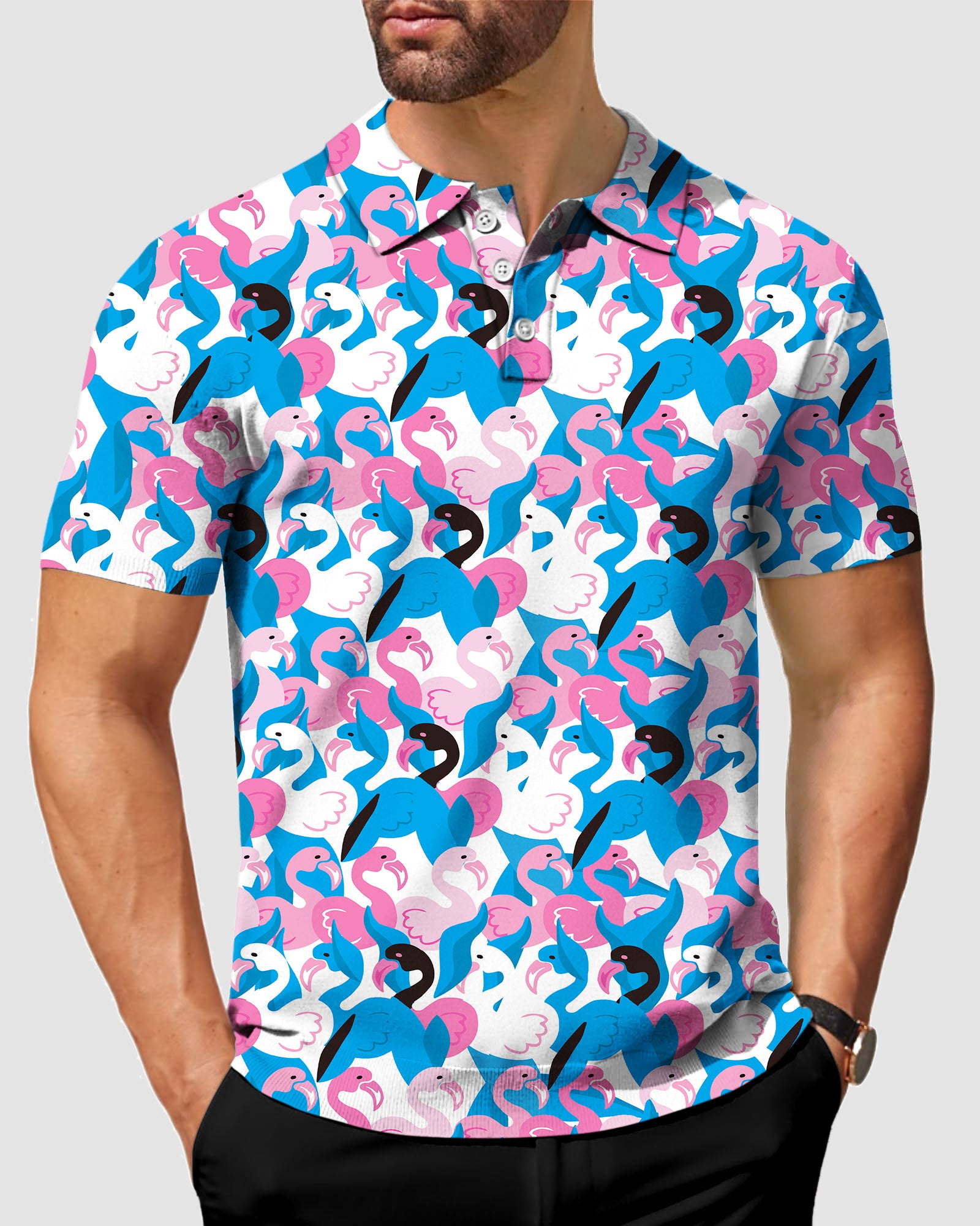 Men's golf polo Flamingo Party