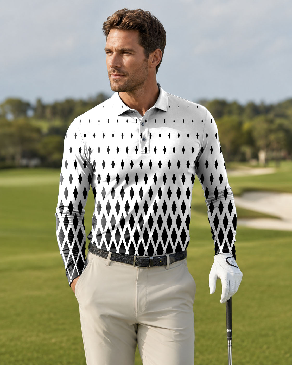 Men's White Black Gradient Long-sleeved Polo