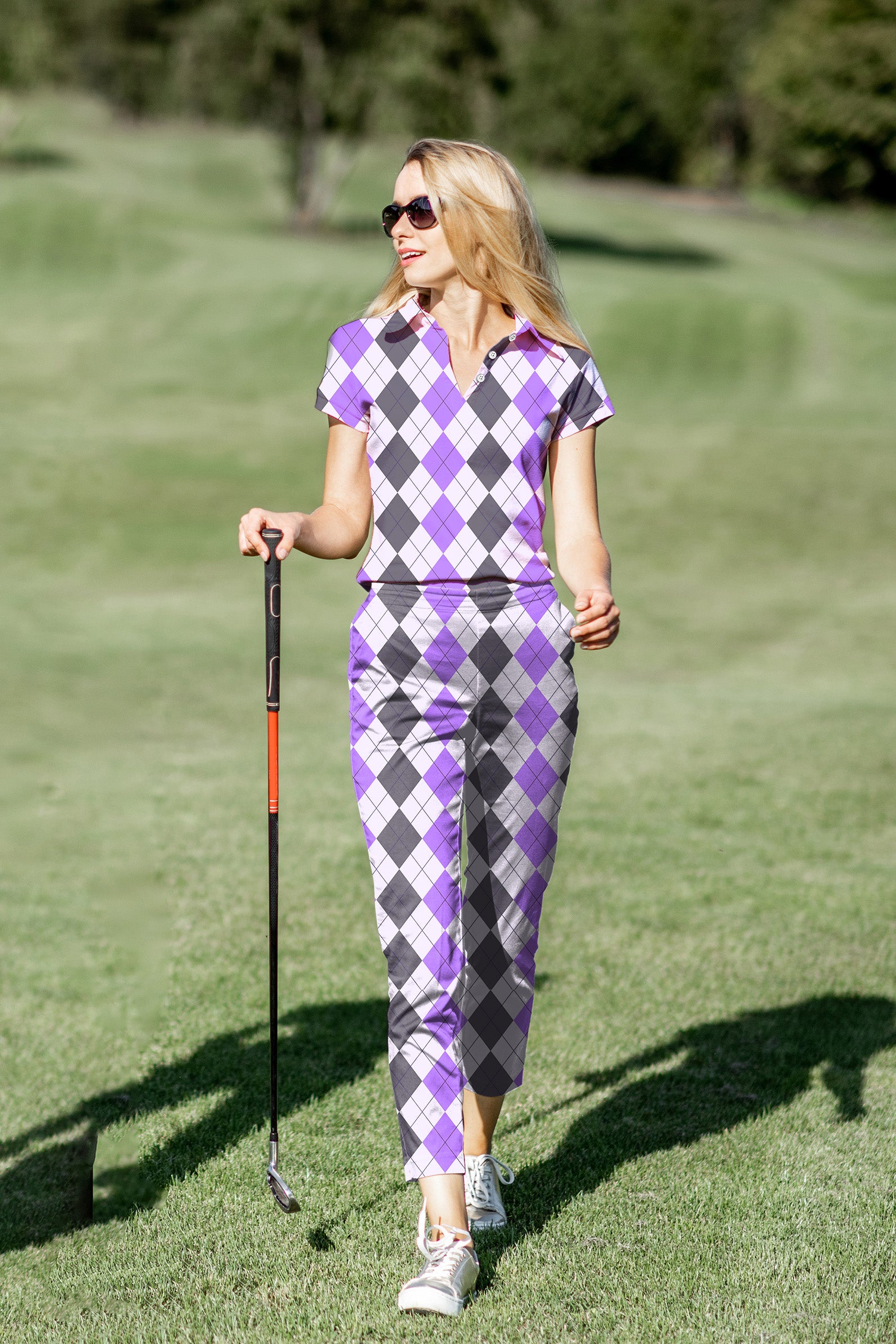 Women's Golf Polo+Pants Set Purple grey Argyle