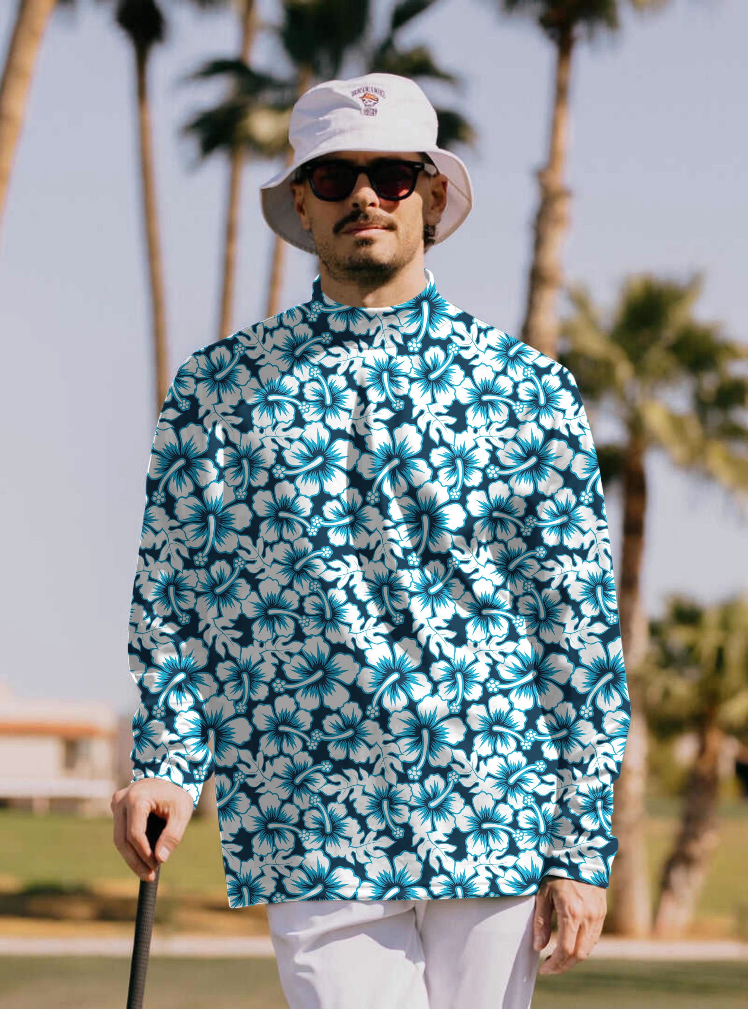 Men's Hawaiian Hibiscus Pullover High neck Long/Short sleeve T-Shirt