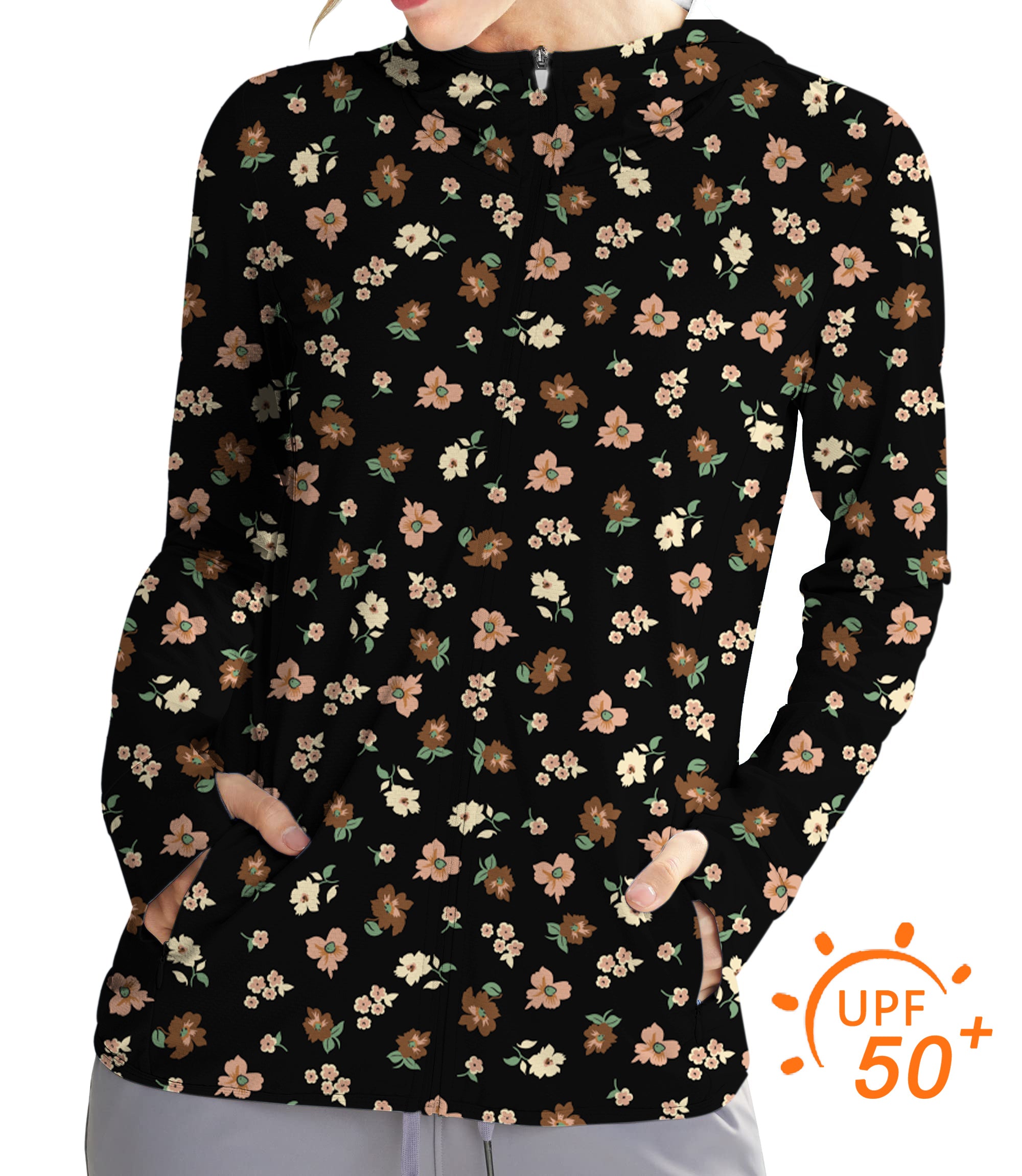 Women's Outdoor black flower Golf Sun Protection Slim Fit zip hoodies