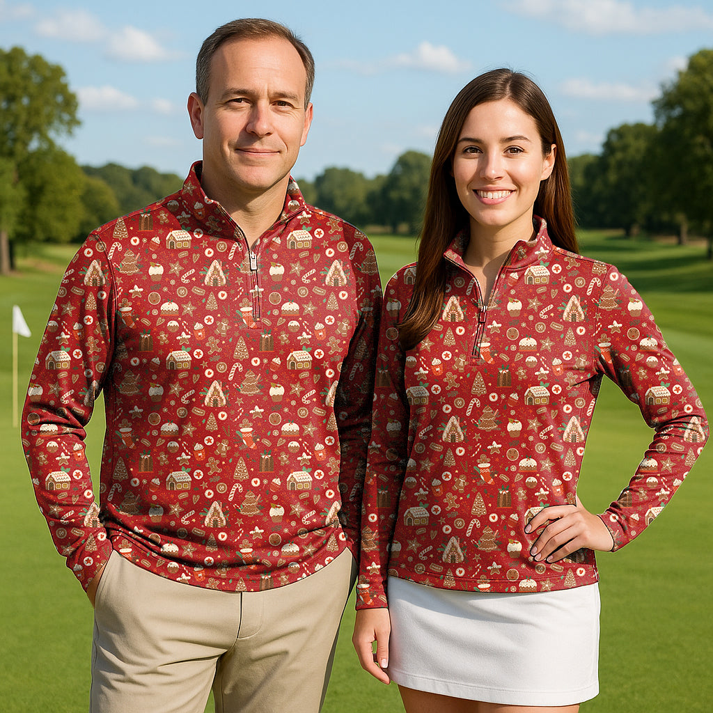 Red Christmas Candy House Couple Golf Active 3/4 Zip Top Long Sleeves