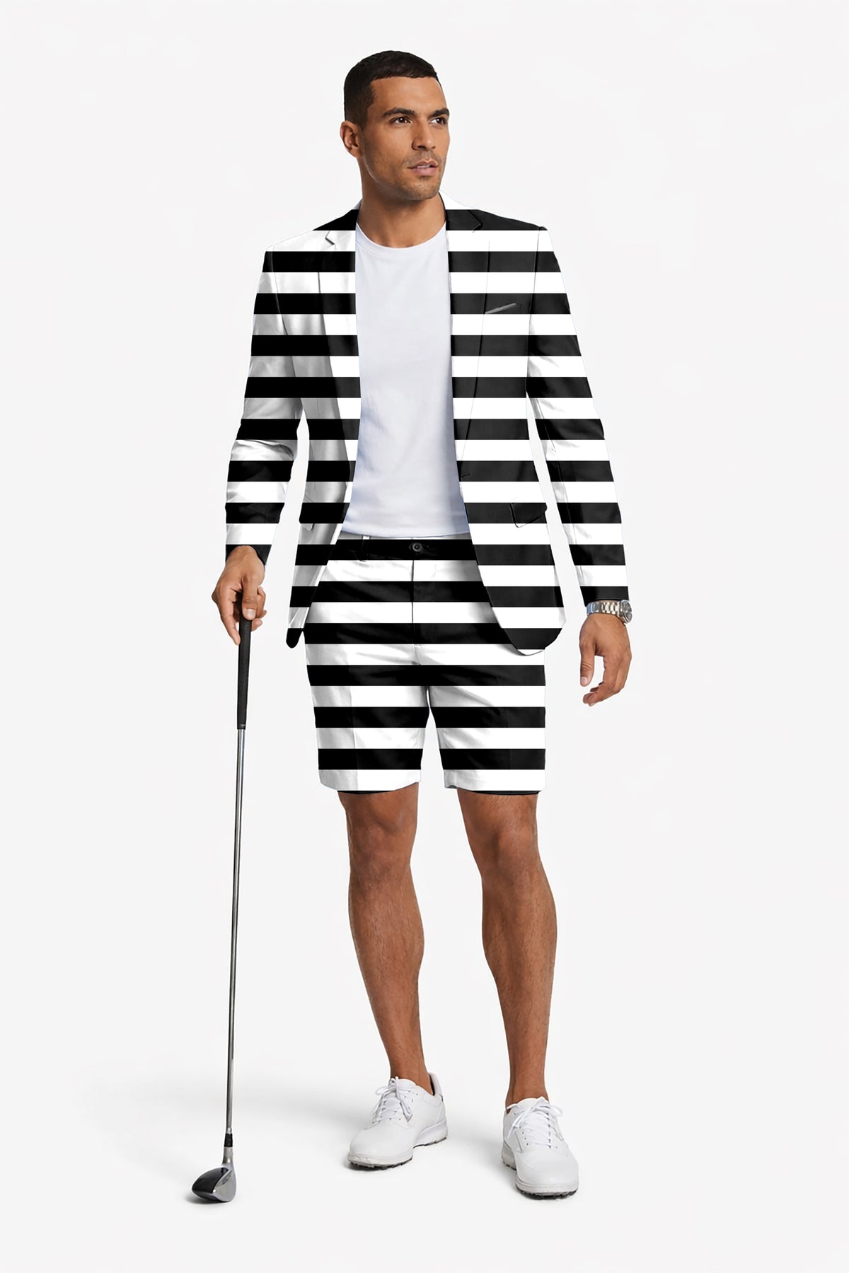 Black and white horizontal stripes Men's Party Costumes-Theme Party 2pcs Suit set-Blazer Shorts