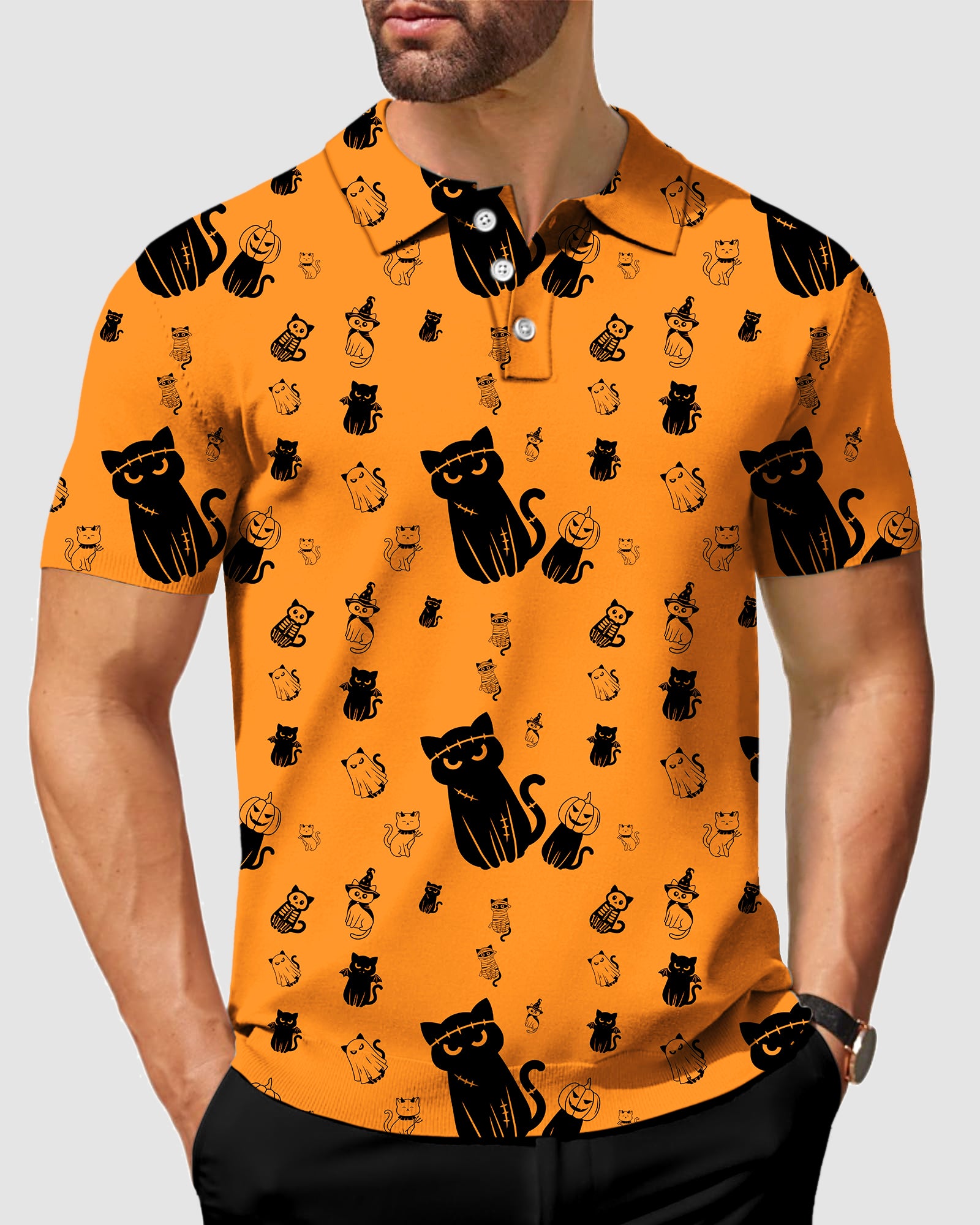 Men's Halloween Cute Cat Custom The Background Color Polo