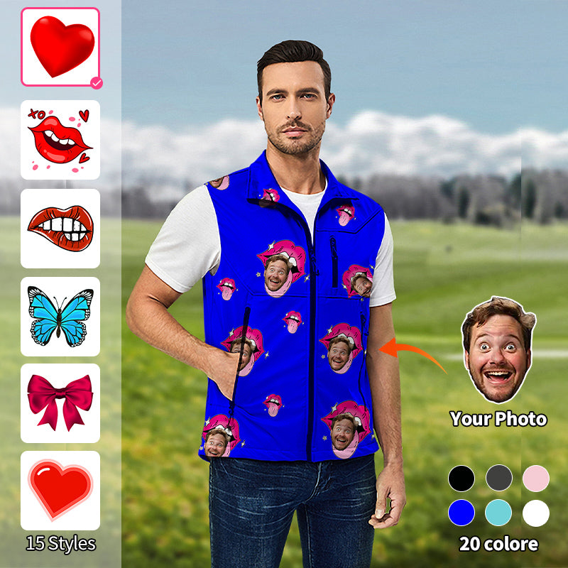 Valentine's Day Men's Custom Photo Face Custom Color Royal Love Lightweight Softshell Vest Sleeveless Jacket for Golf Windproof Waterproof