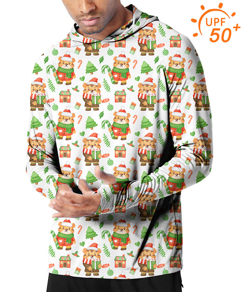 Men's Outdoor Christmas tiger golf sun protection slim fit hoodie with UPF 50+ and festive tiger print