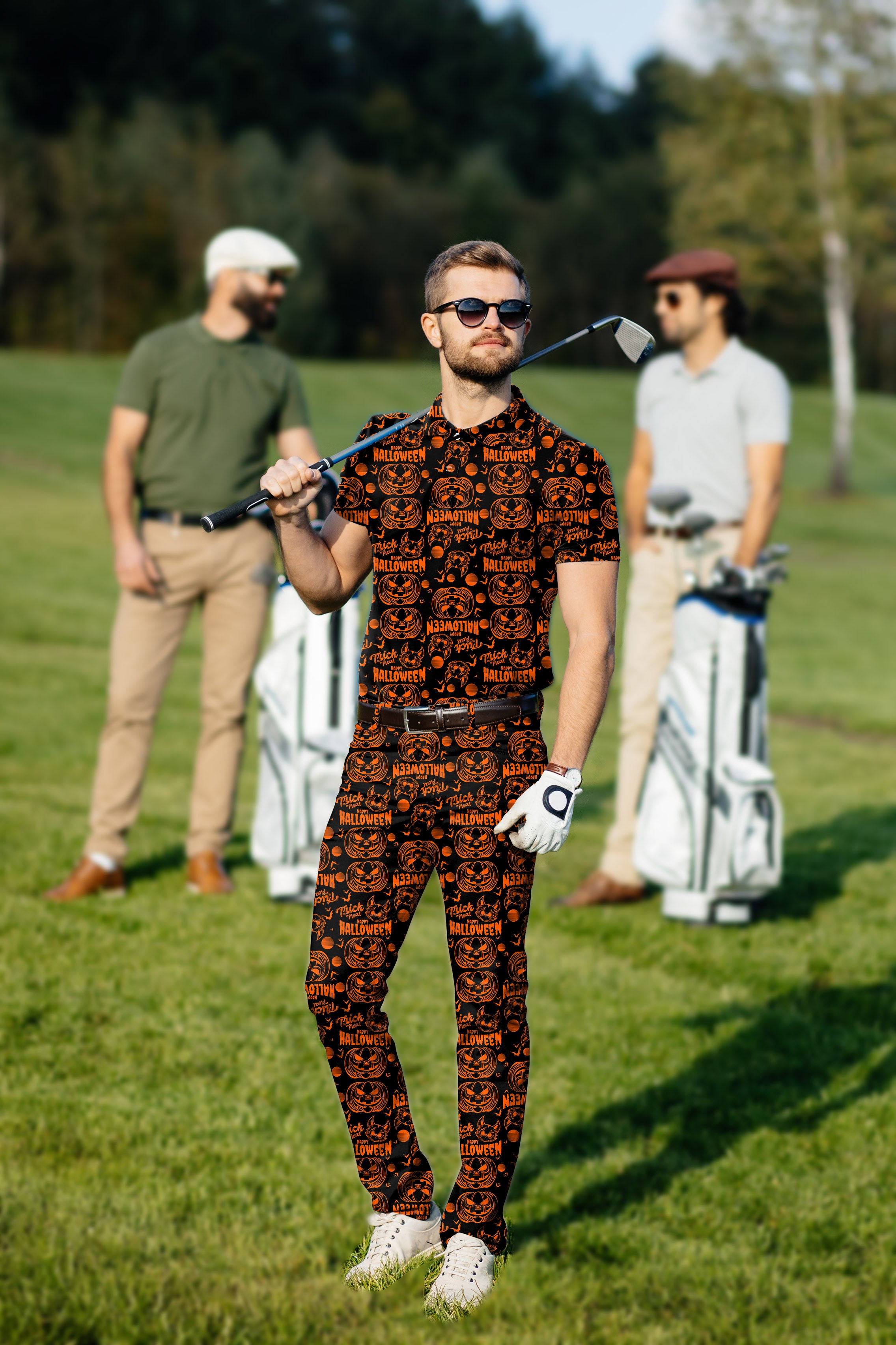 Men's Golf Set Polo+Pants Happy Halloween Pumpkin