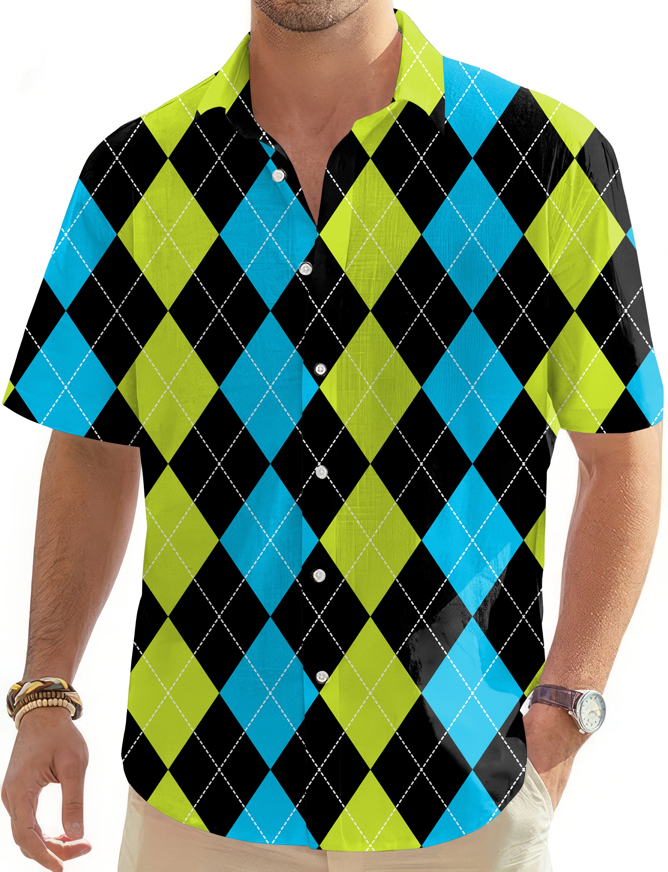Halloween Black Green Blue Argyle Men's Golf Hawaiian Shirts Button Down Shirt
