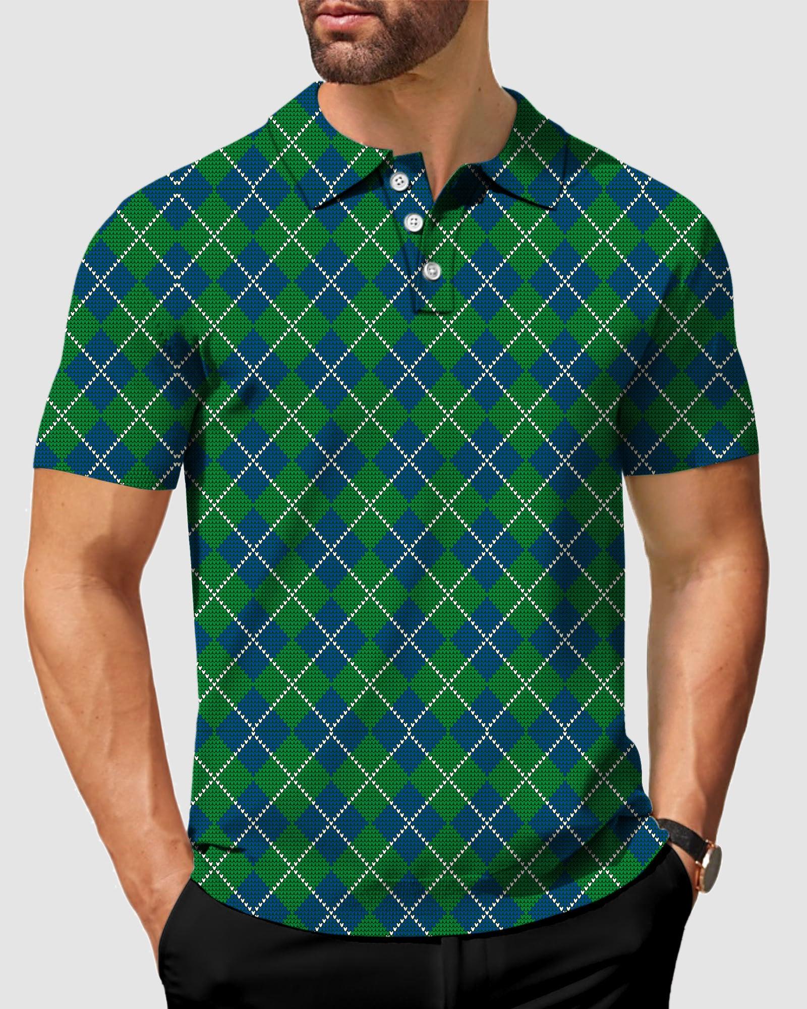 Men's Green grid golf polo