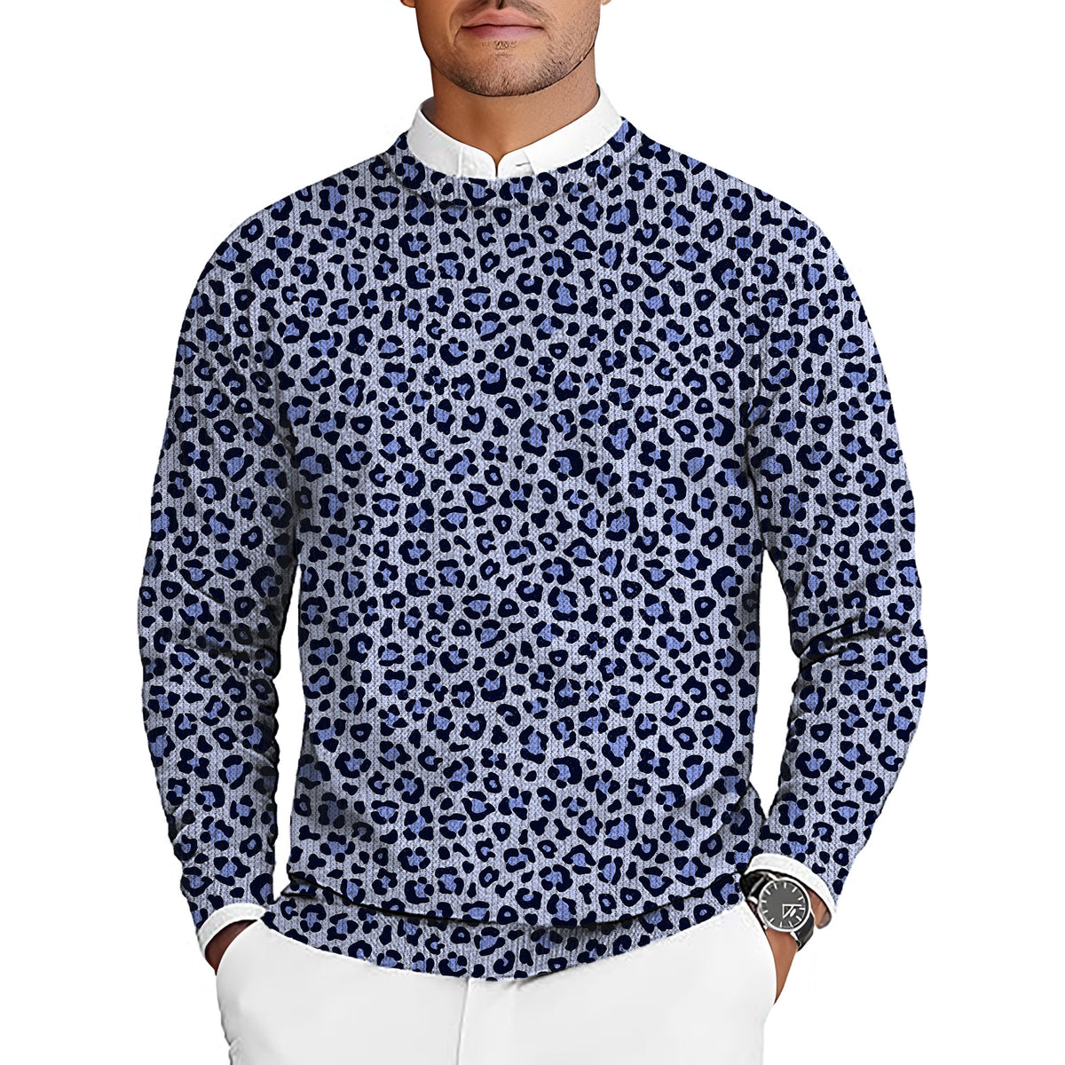 purple leopard print Men's Golf Crewneck Pullover Sweaters Ugly Sweater