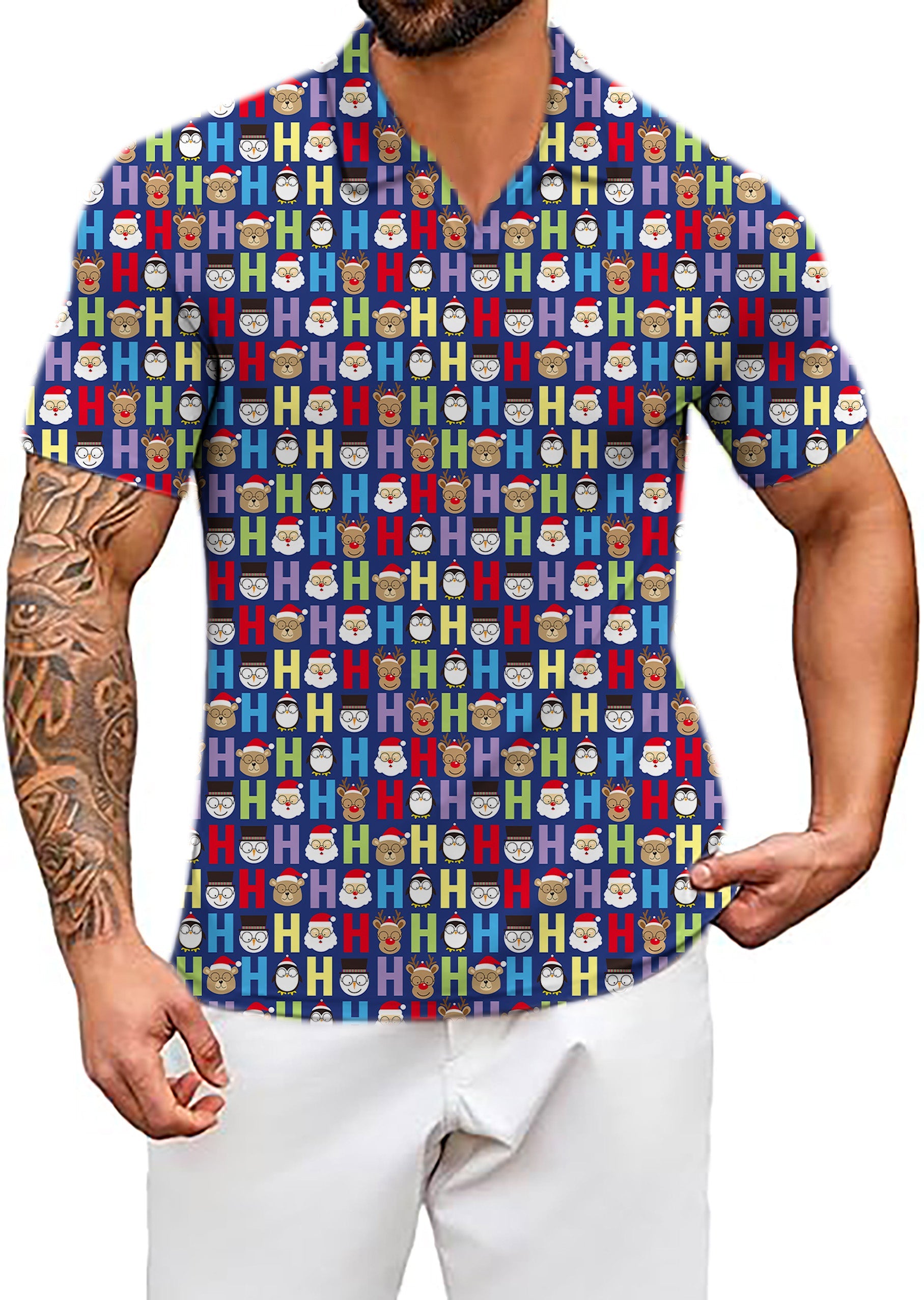 Men's Coconut Palm navy blue Christmas shirt with ink dots and elk cartoon pattern, classic fit, wrinkle resistant, and UPF 40+ protection