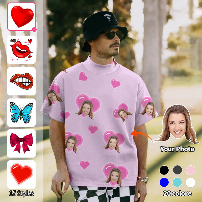 Valentine's Day Men's Custom Photo Face Custom Color Purple Love Pullover High neck Long/Short sleeve T-Shirt