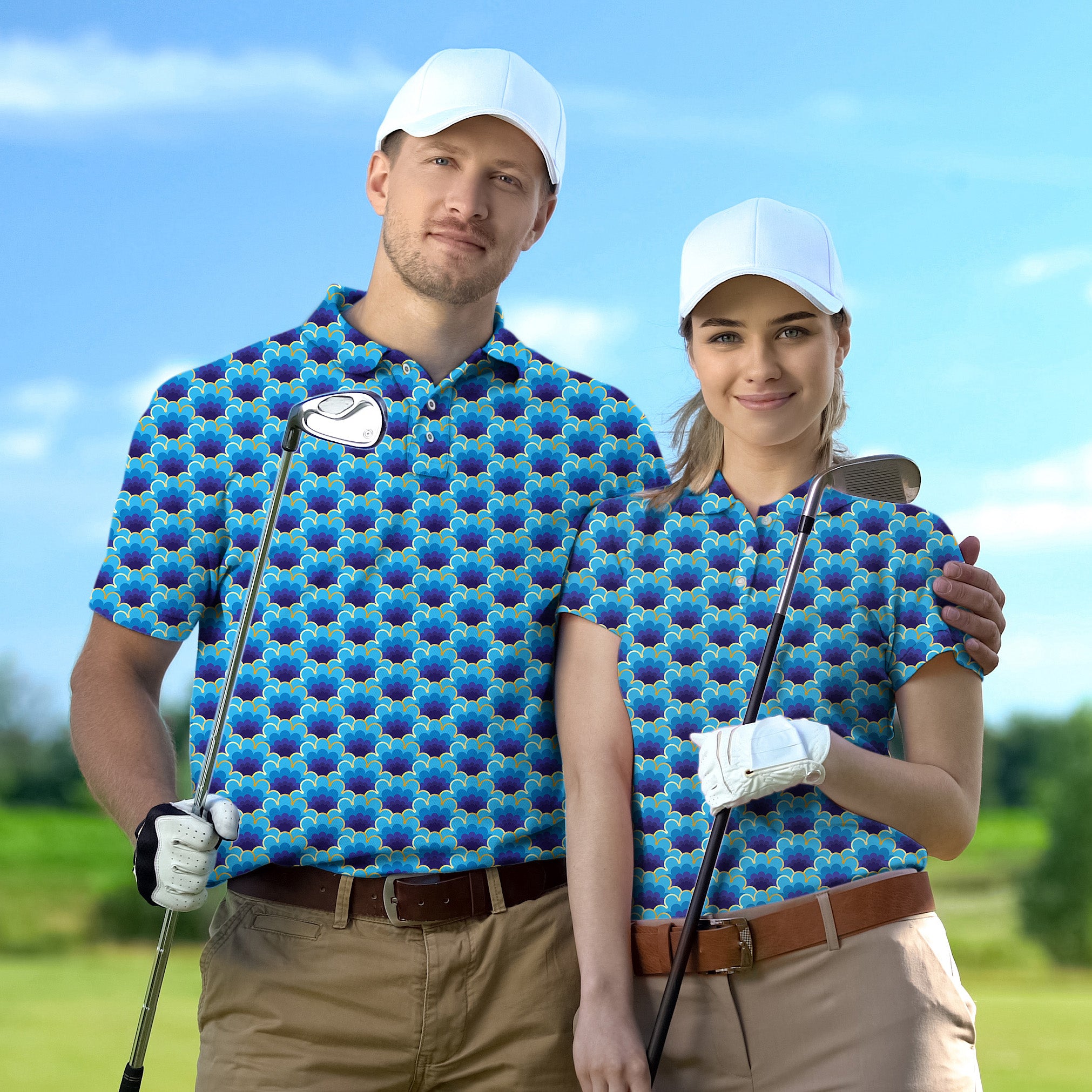 Golf Polo Couple Family set blue clouds with golden edge tournament