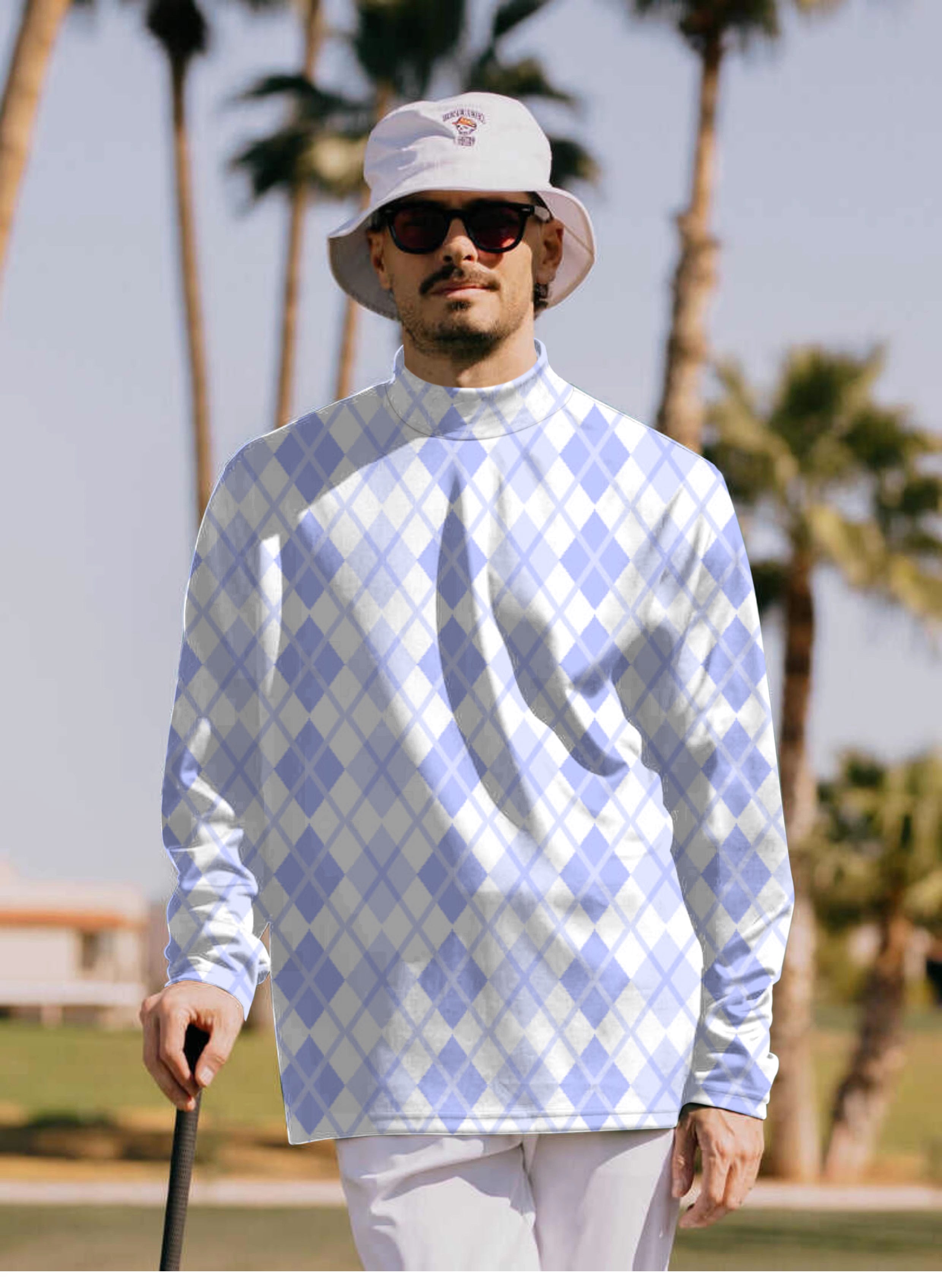 Men's Argyle purple grid Pullover High neck Long/Short sleeve T-Shirt
