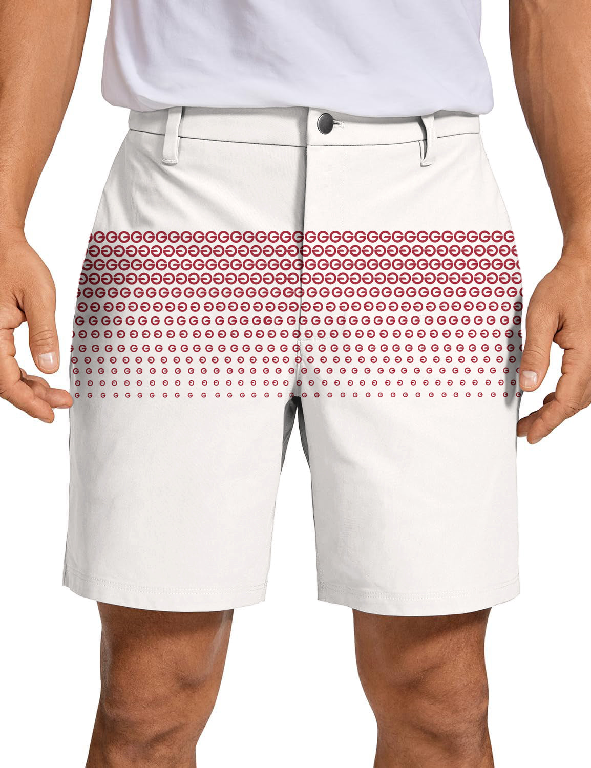 Men's G Golf Shorts in white with red personalized pattern designs, quick dry, lightweight, and wrinkle-free for versatile wear.