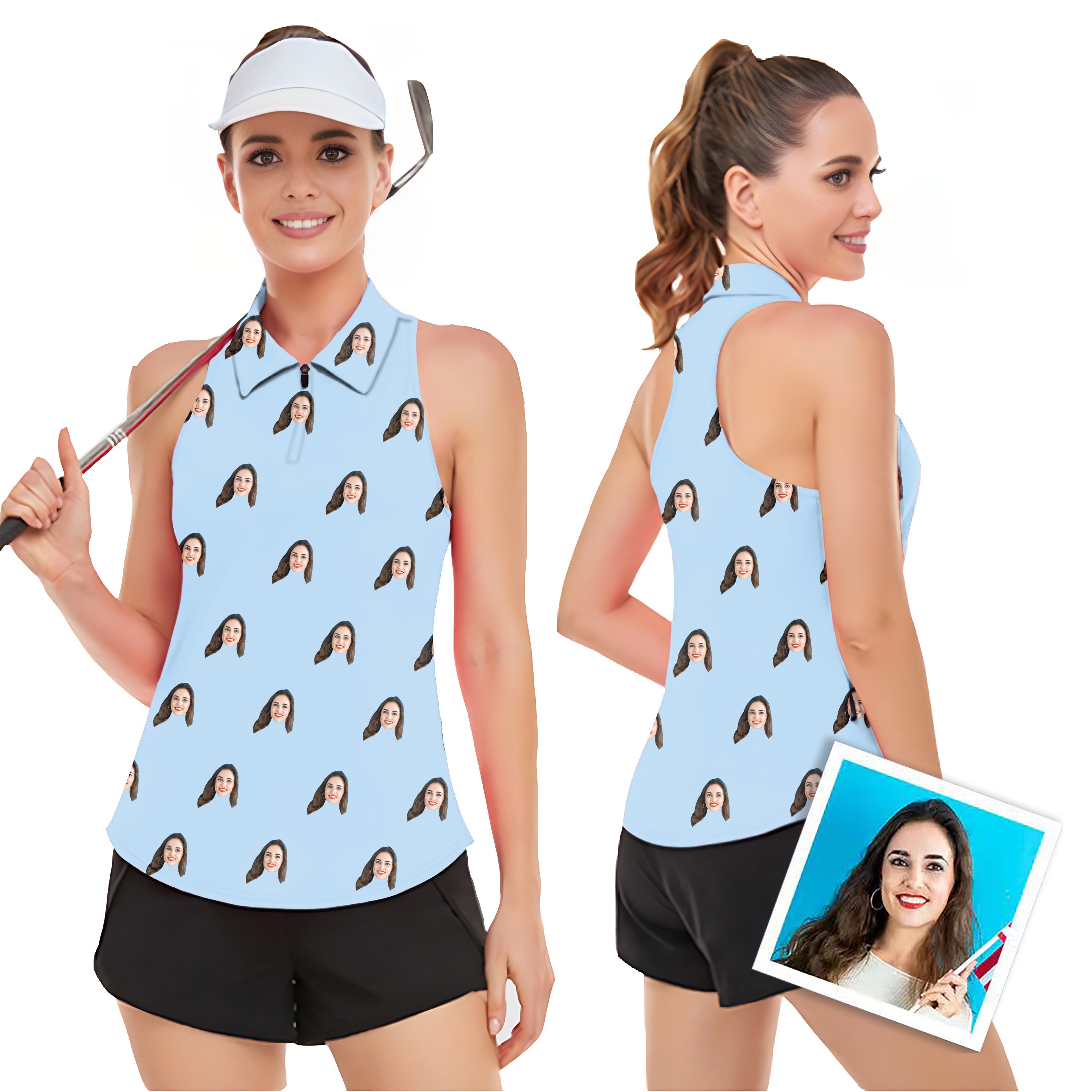 Custom Photo Funny Face Women’s Sleeveless Golf Tank Top Shirt Polo