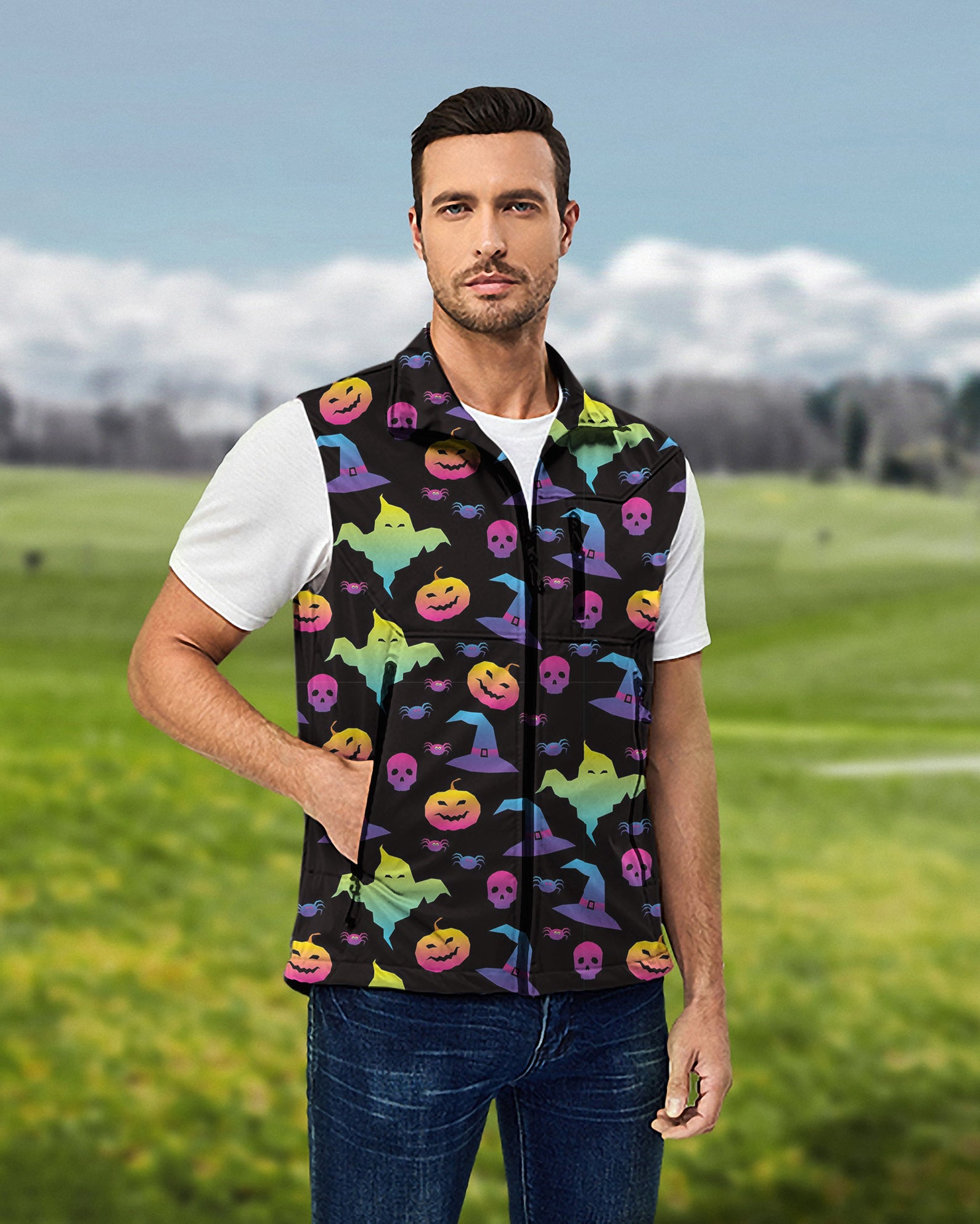 Men's Neon Halloween Lightweight Softshell Vest Sleeveless Jacket for Golf